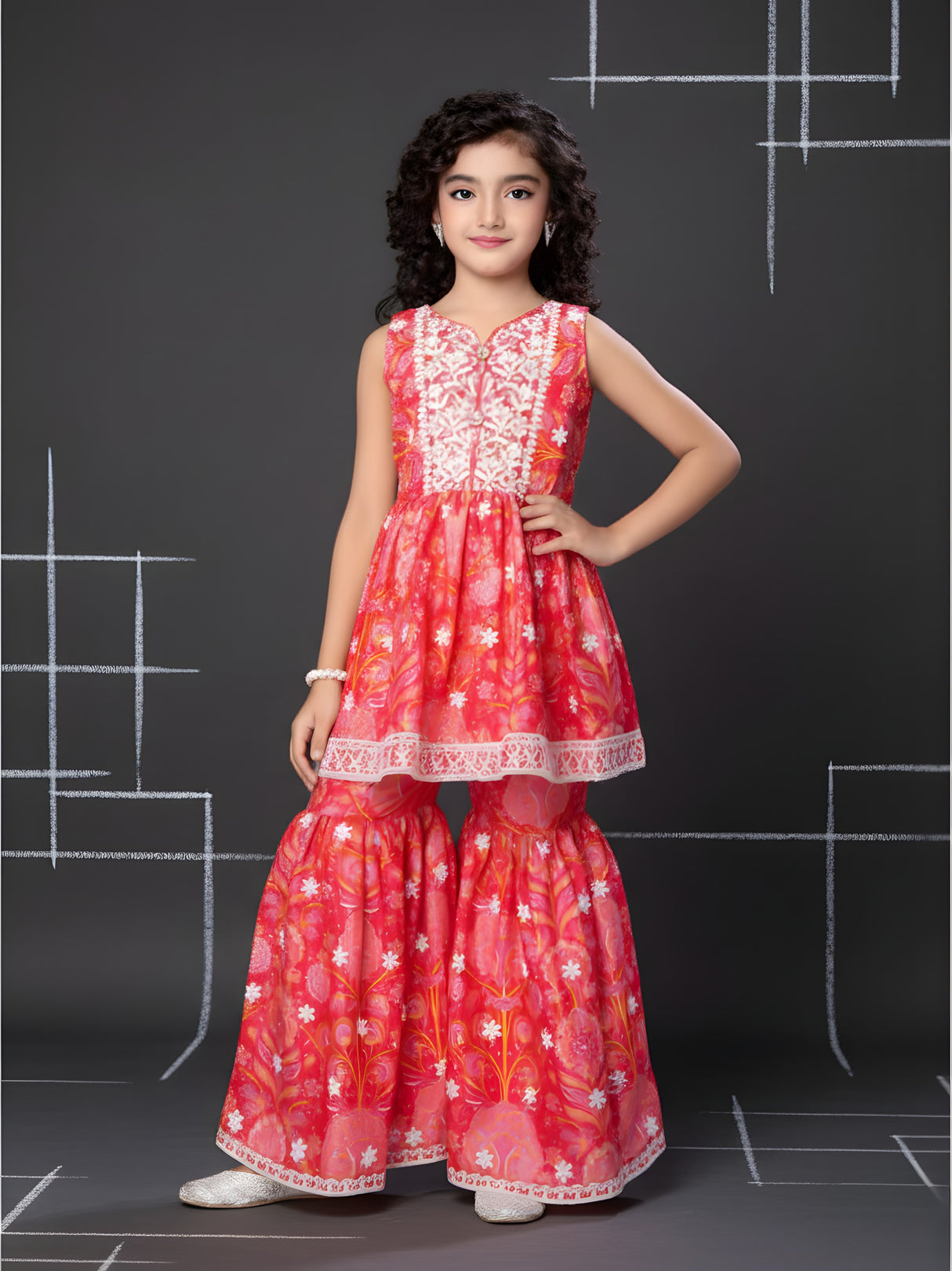 Girls Traditional Sleeves Less Sharara Set - Rani
