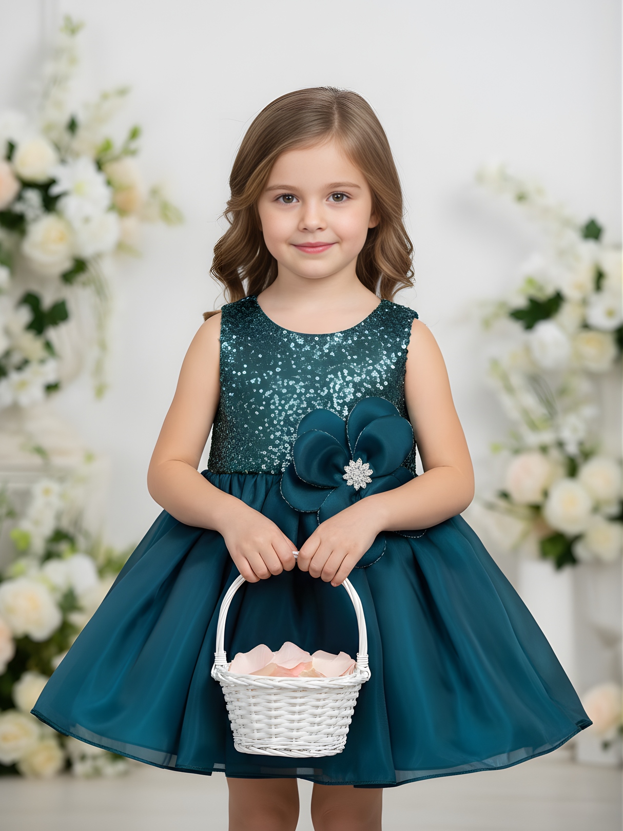 Girls' Teal Blue Sequin Bodice Party Frock with Satin Flower.