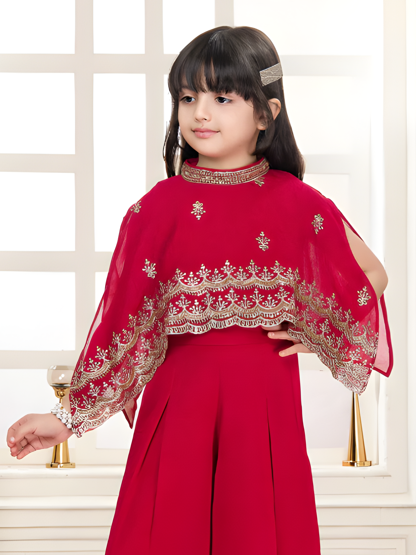 Girls' Festive Red Plazo Set with High-Neck Gold Embroidered Cape Top