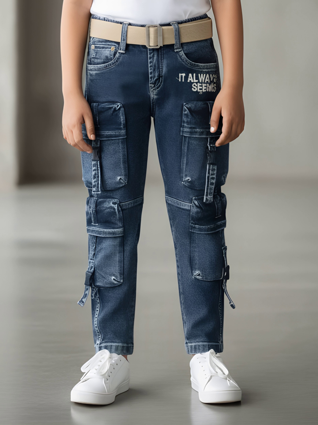 Boys Rugged Blue Multi-Pocket Cargo Jeans