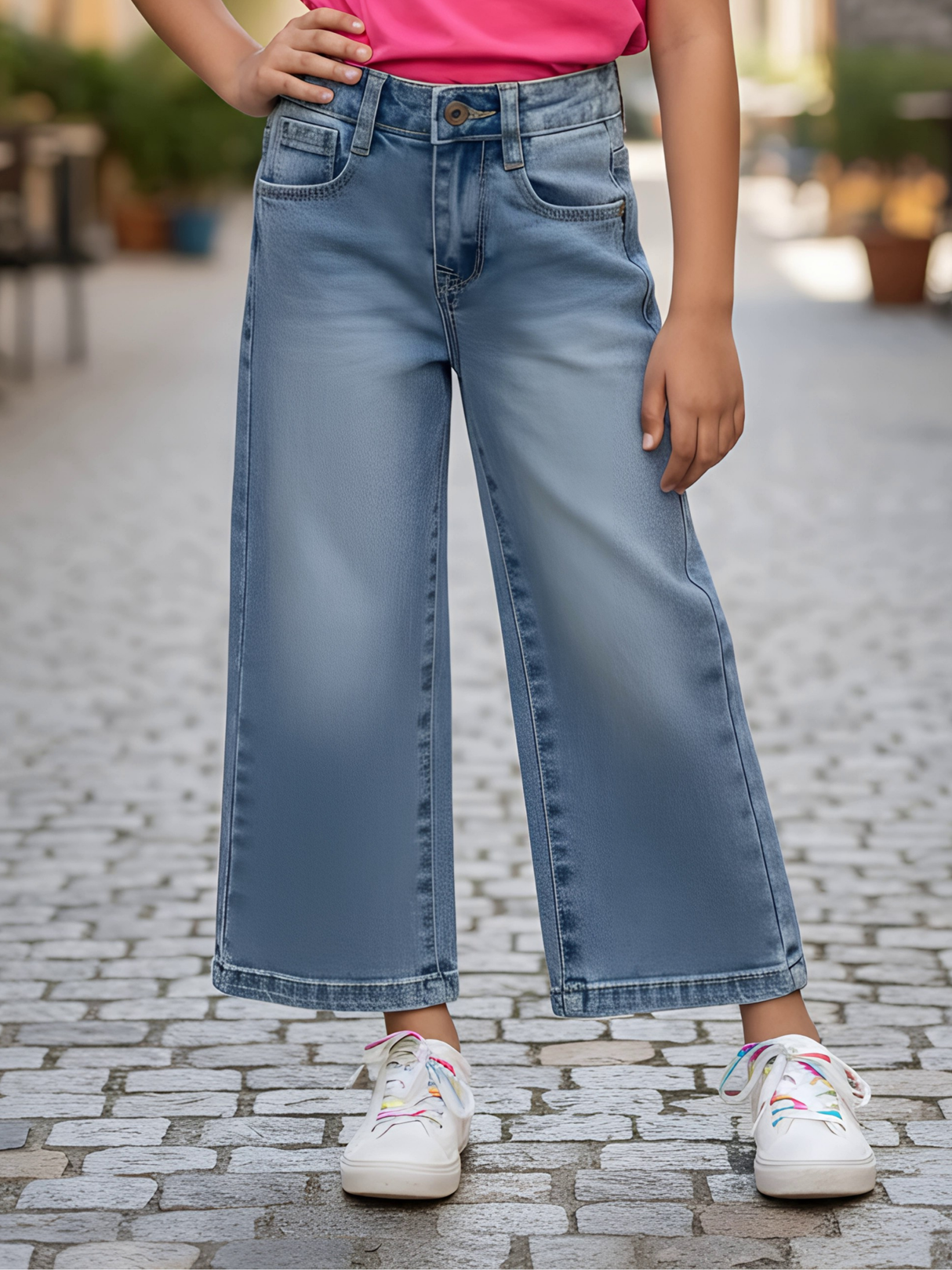 Girls High-Rise Wide-Leg Light Wash Denim Jeans.