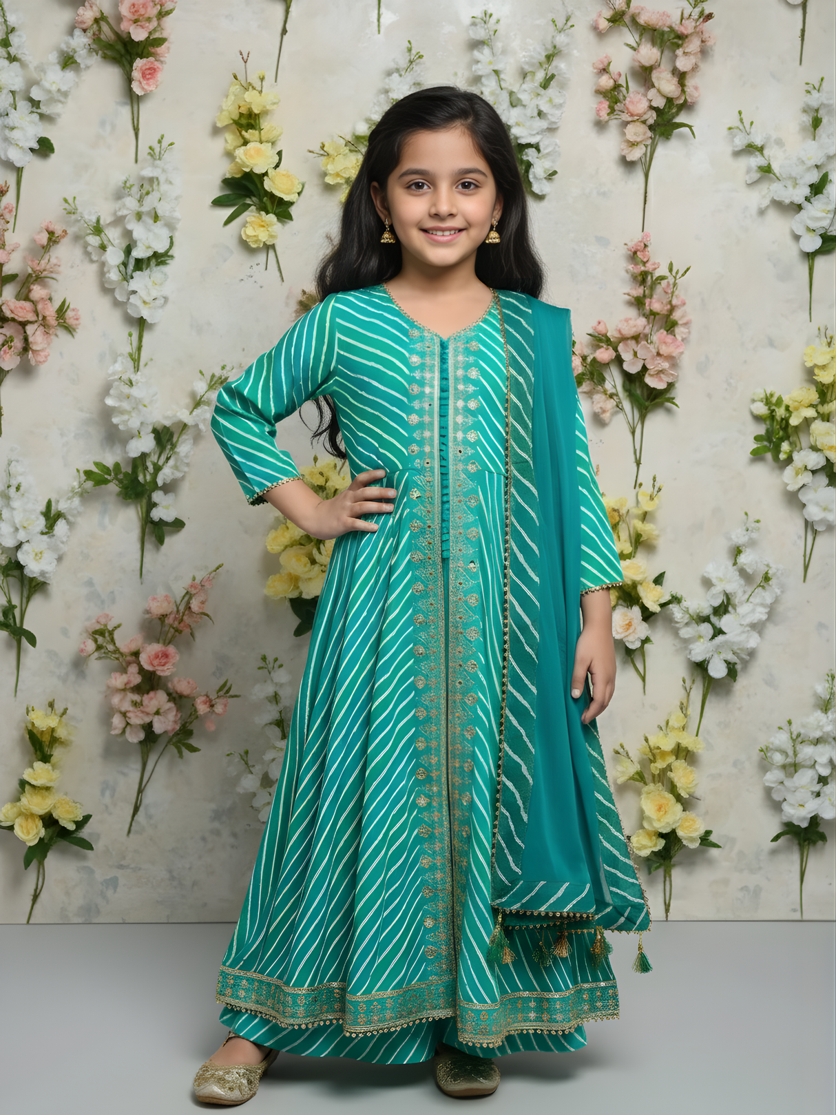 Girls' Teal Green Striped Anarkali Kurta and Garara Set with Dupatta