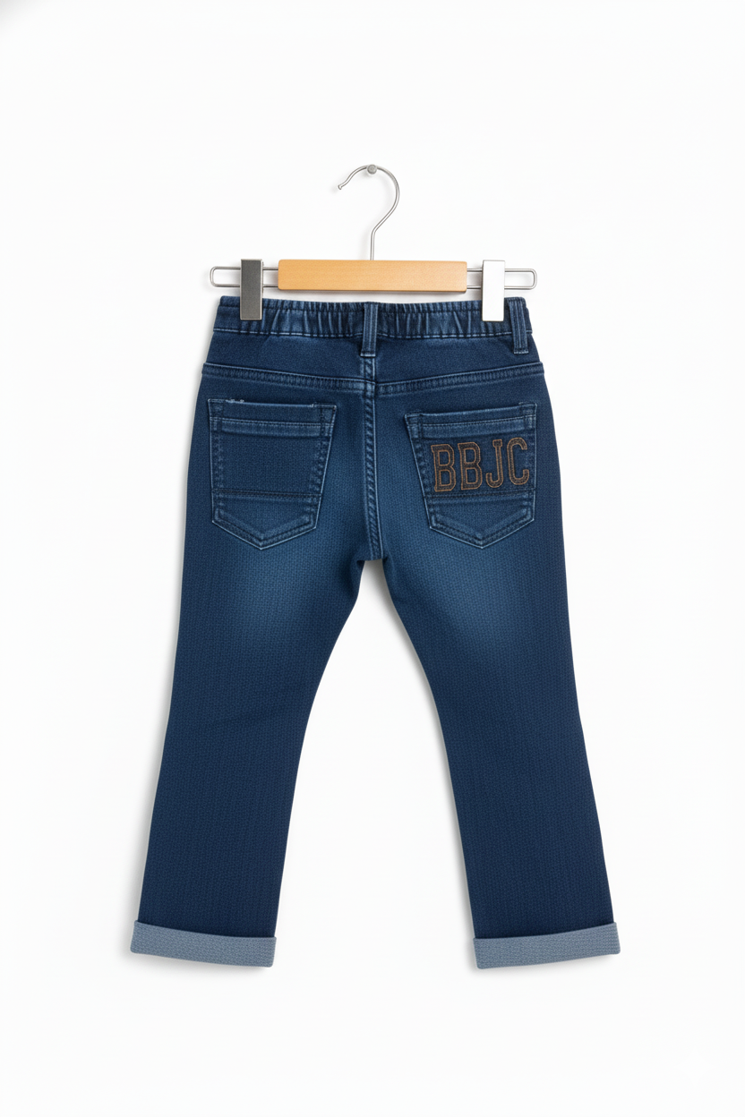 Boys' Dark Wash Denim Patchwork Jeans with Drawstring Waist.