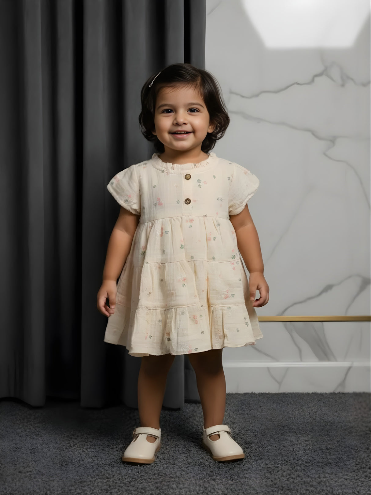Pale Yellow Floral Tiered Frock