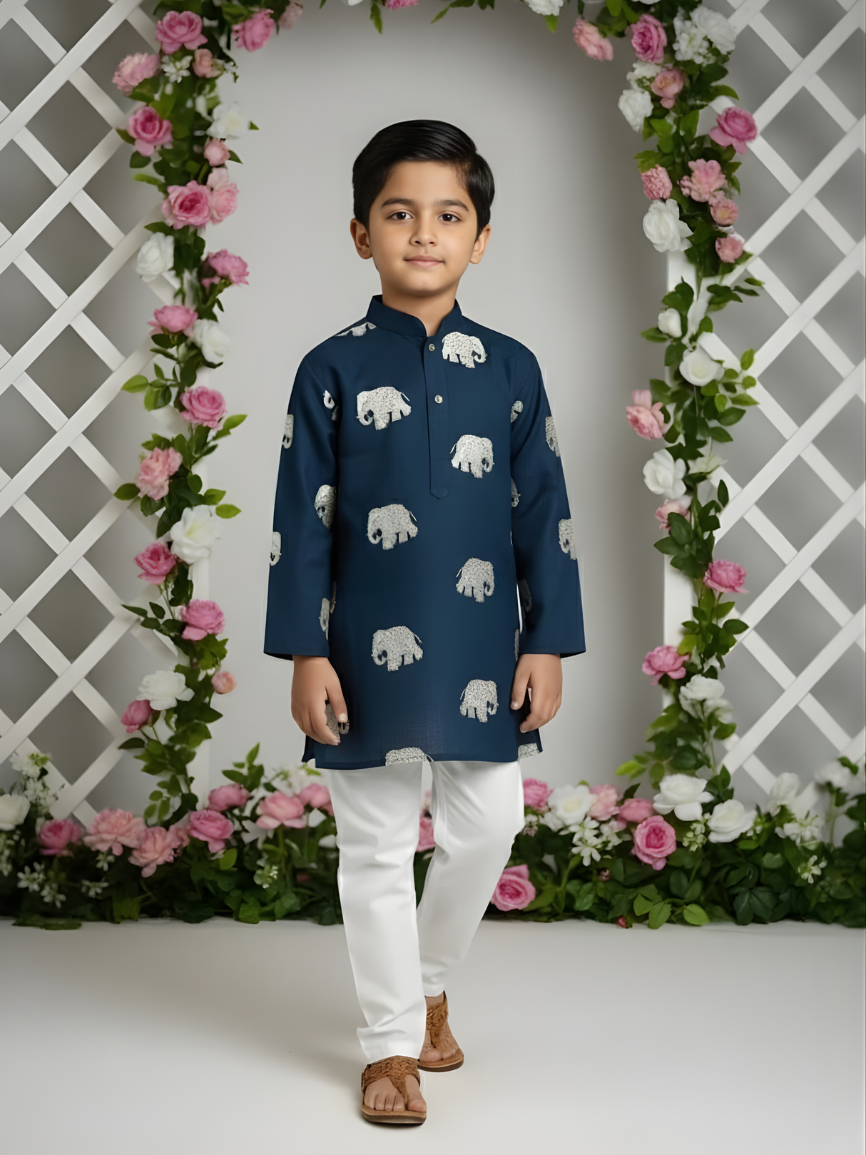 Boys' Navy Blue Kurta Pyjama Set with Embroidered Elephant Motifs