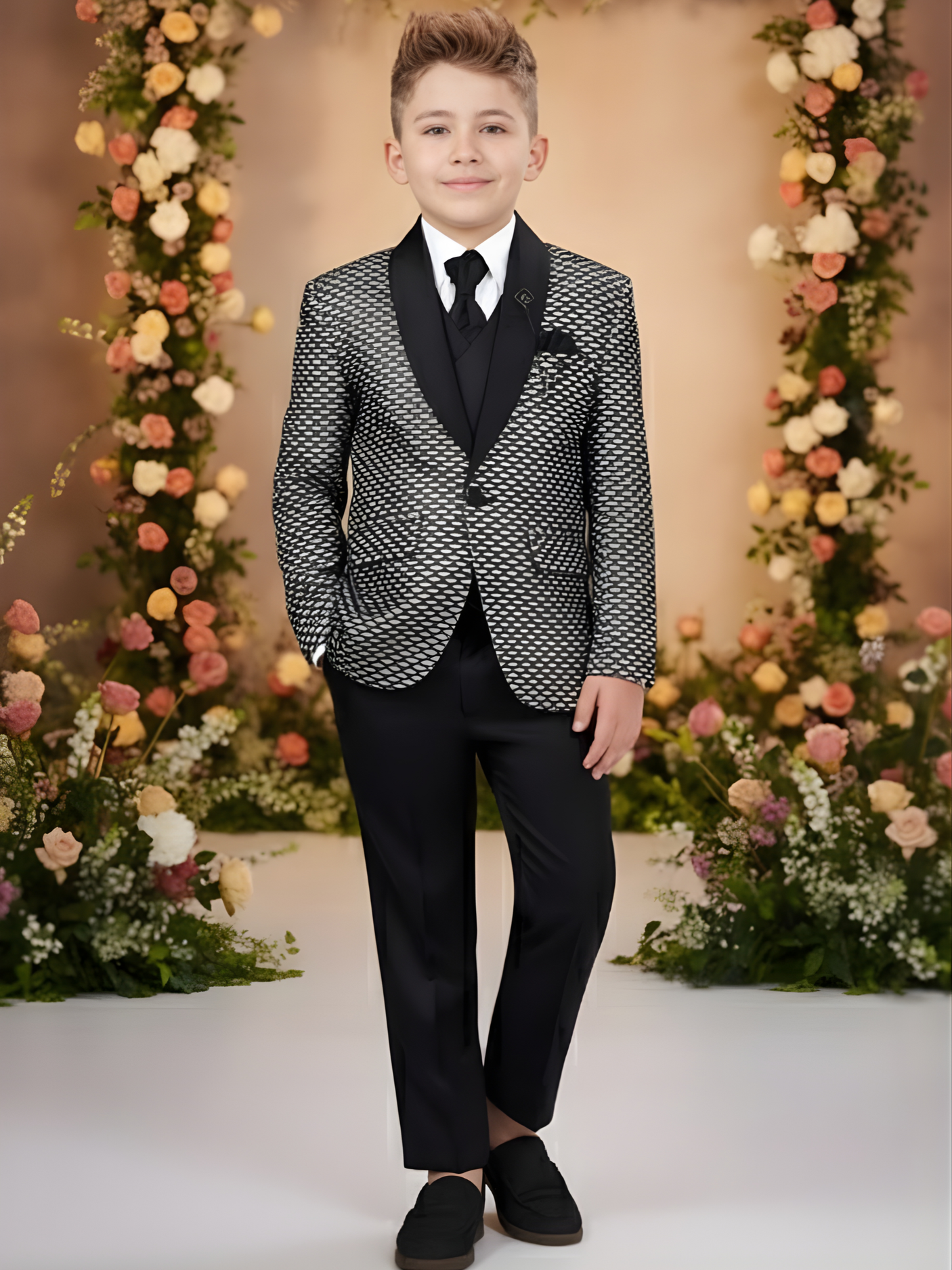 Boys' Black Tuxedo Suit with Silver Embroidered Shoulder and Bow Tie