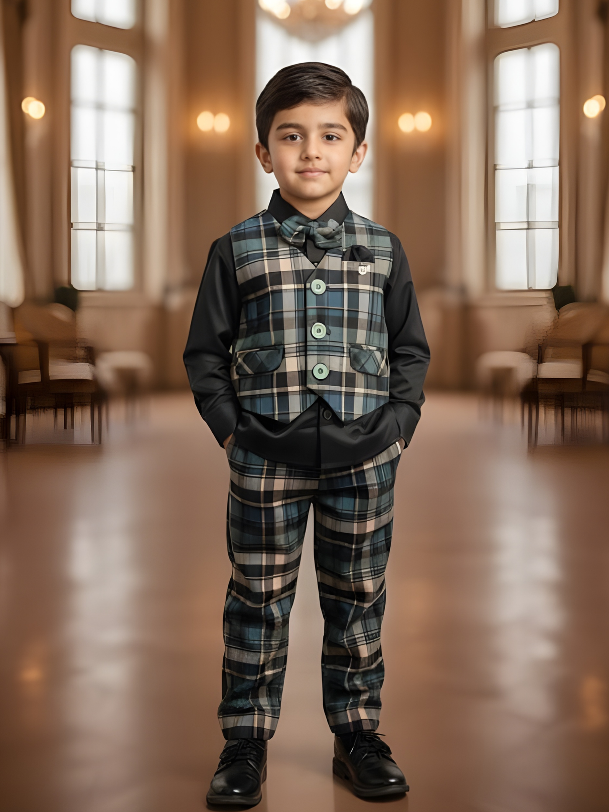 Boys Blue Plaid Waistcoat Set