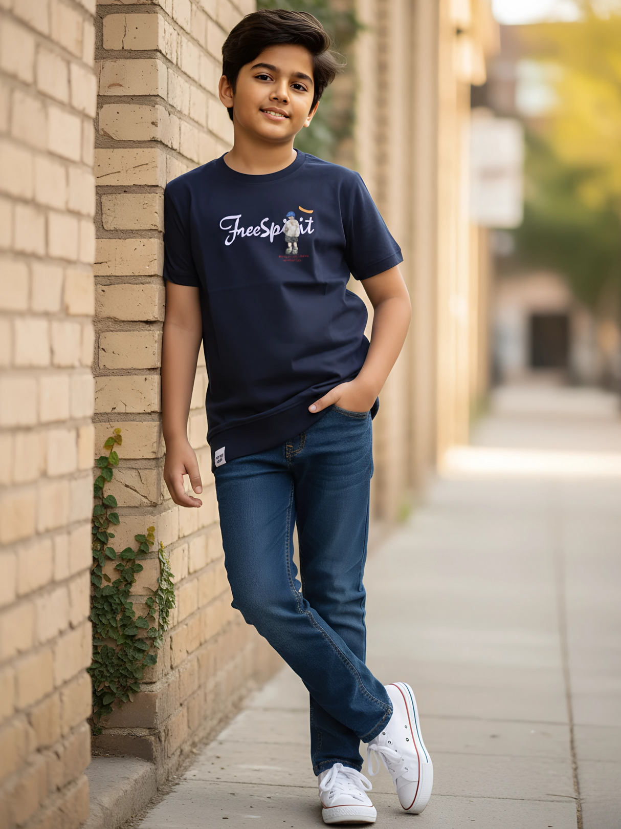 Kids' 'Free Spirit' Adventure Graphic T-Shirt - Dark Navy Blue.