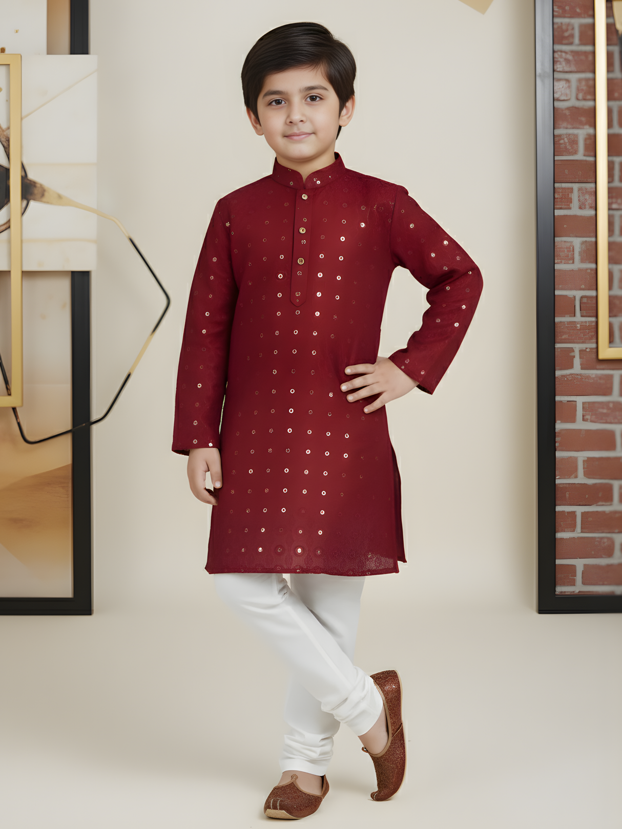 Boys' Maroon Sequin Embroidered Kurta with White Pyjama Set.