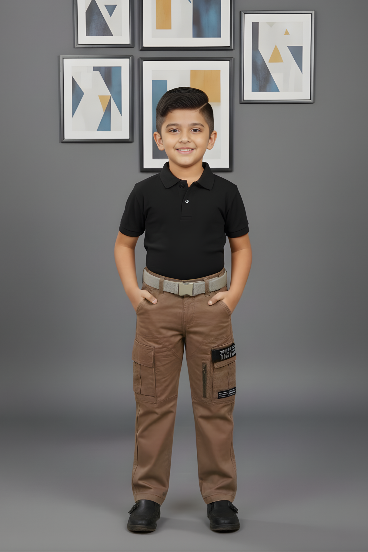 Boys’ Rugged Brown Utility Cargo Pants with Built-in Belt