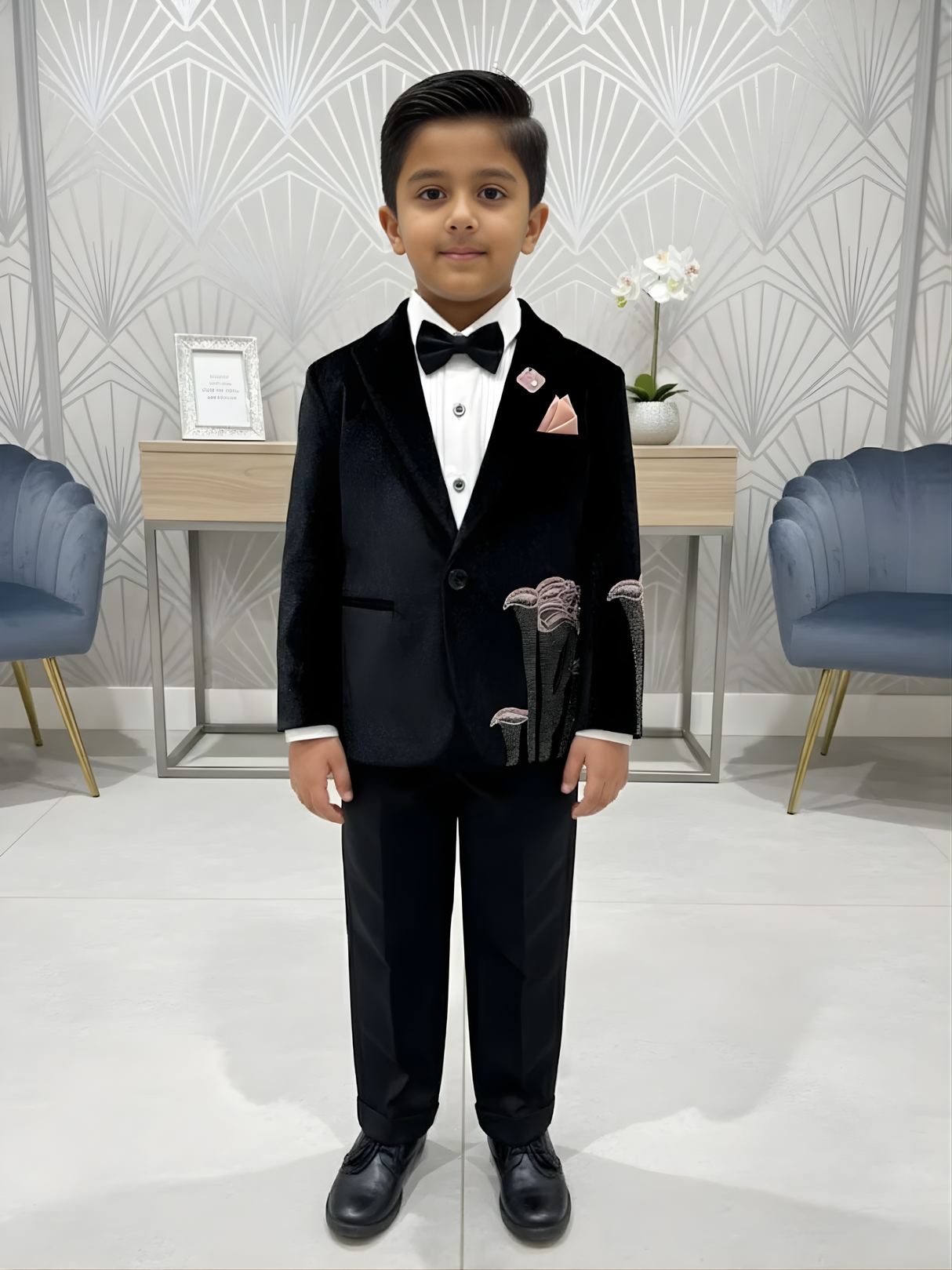 Boys' Midnight Black Velvet Blazer Suit with Pink Floral Embroidery