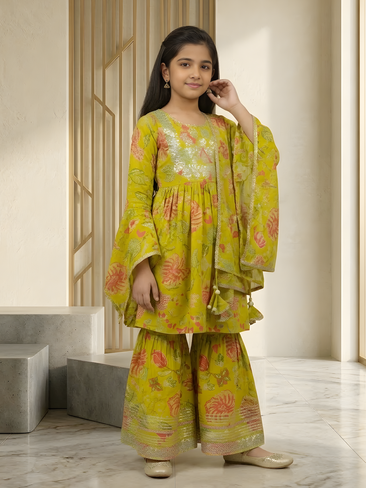 Girls Lime Green Floral Print Sharara Set with Dupatta