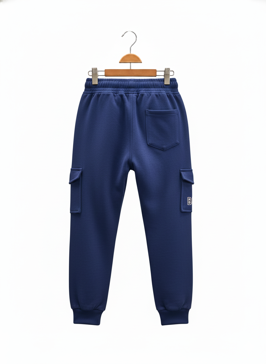 Navy blue fleece jogger pants for boys featuring cargo style pockets, a white drawstring, and the embroidered text 'EXPLORER'.