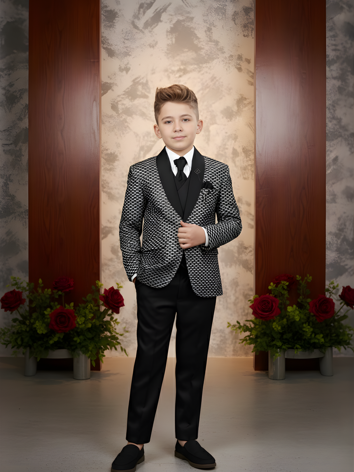 Boys' Black Tuxedo Suit with Silver Embroidered Shoulder and Bow Tie