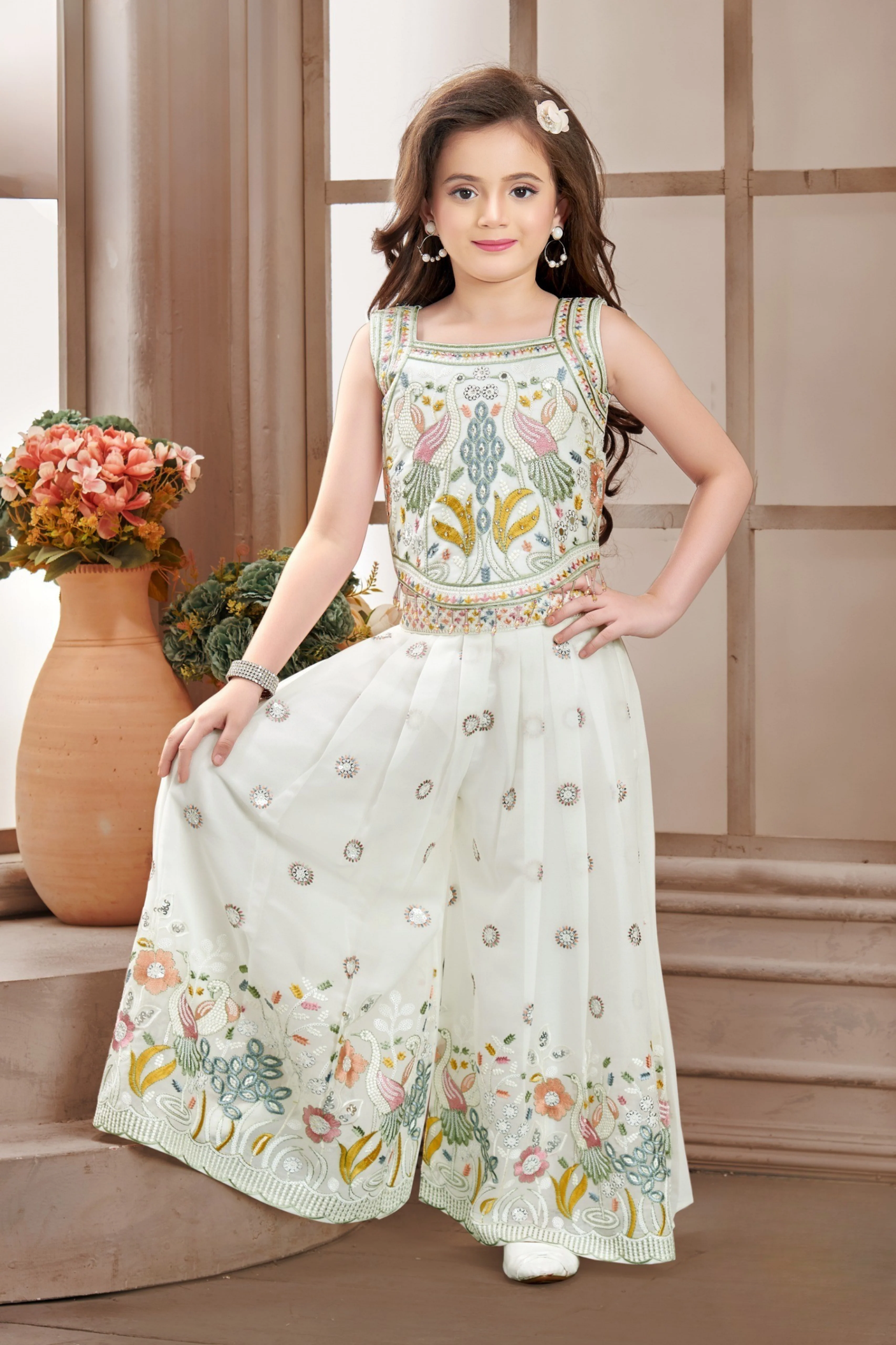 Girls Cream Embroidered Peacock Palazzo Set