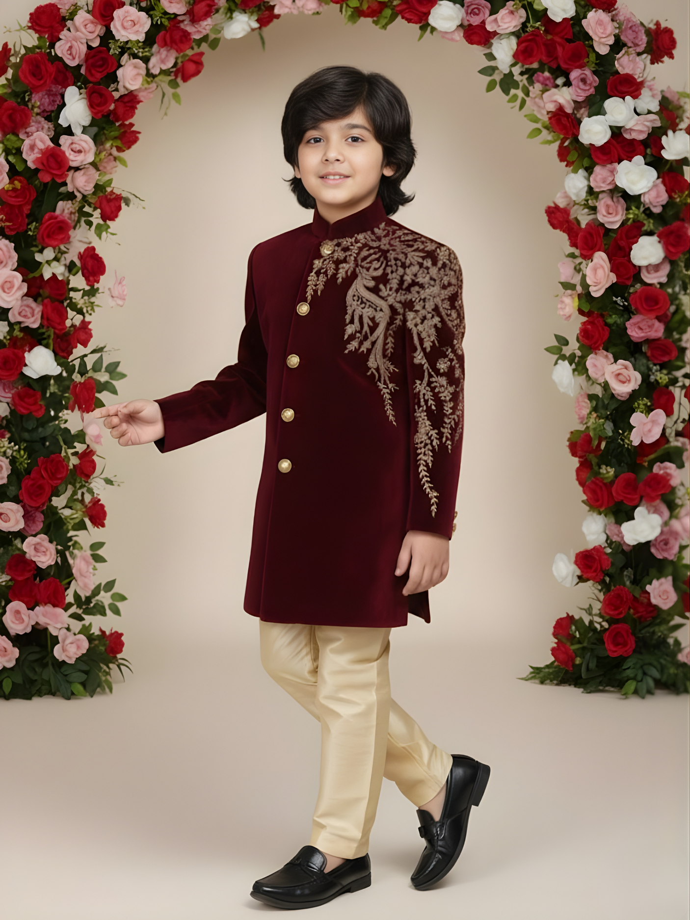 Boys' Maroon Velvet Indo-Western Sherwani with Gold Embroidery and Silk Trousers