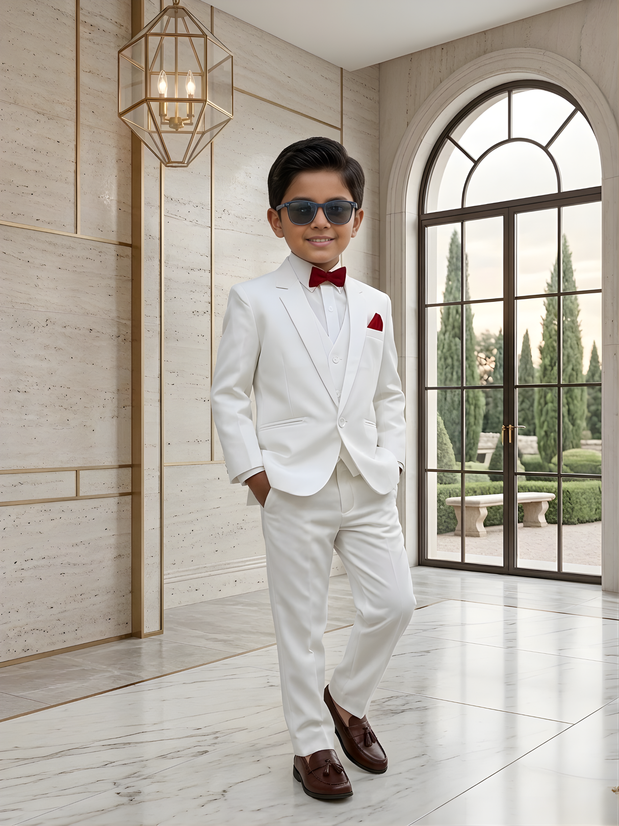 Boys' Classic White/Cream 3-Piece Suit with Maroon Accents.