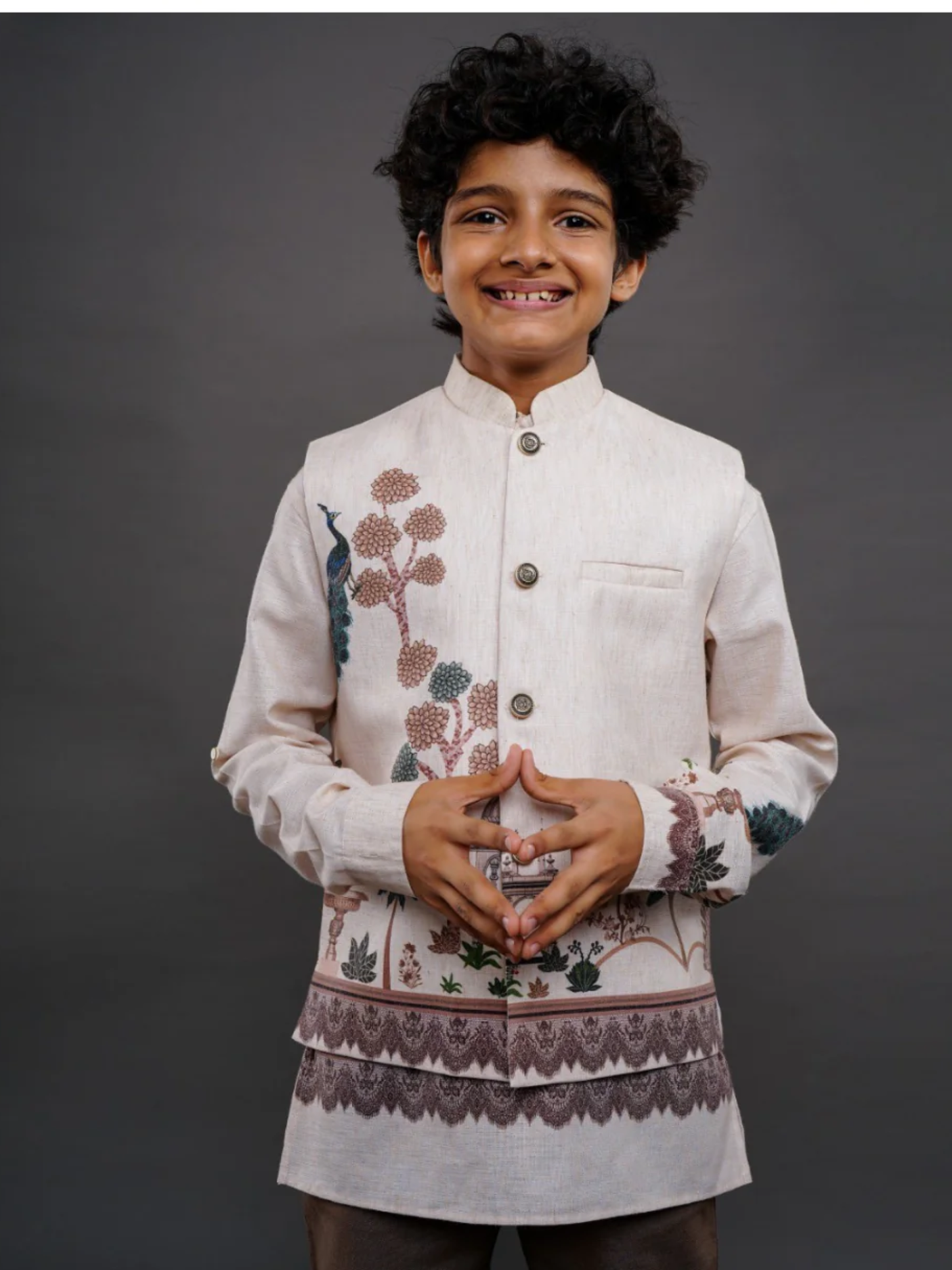 Boys' Cream/Beige Printed Bandhgala Jacket / Sherwani with Peacock Detail