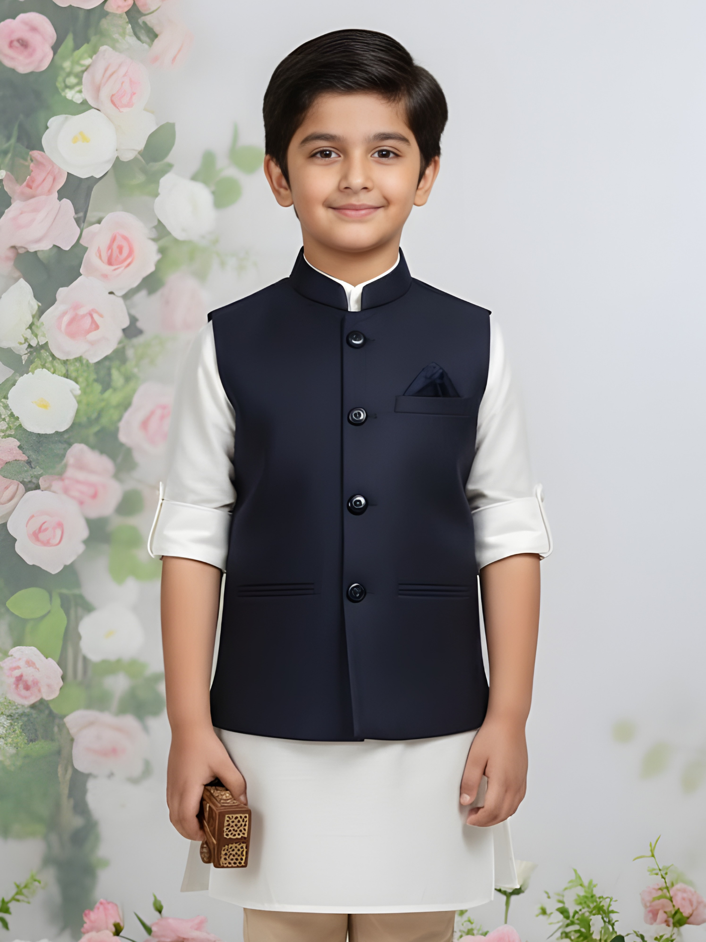 Boys Party Waist Coat with Shirt High Neck-Green