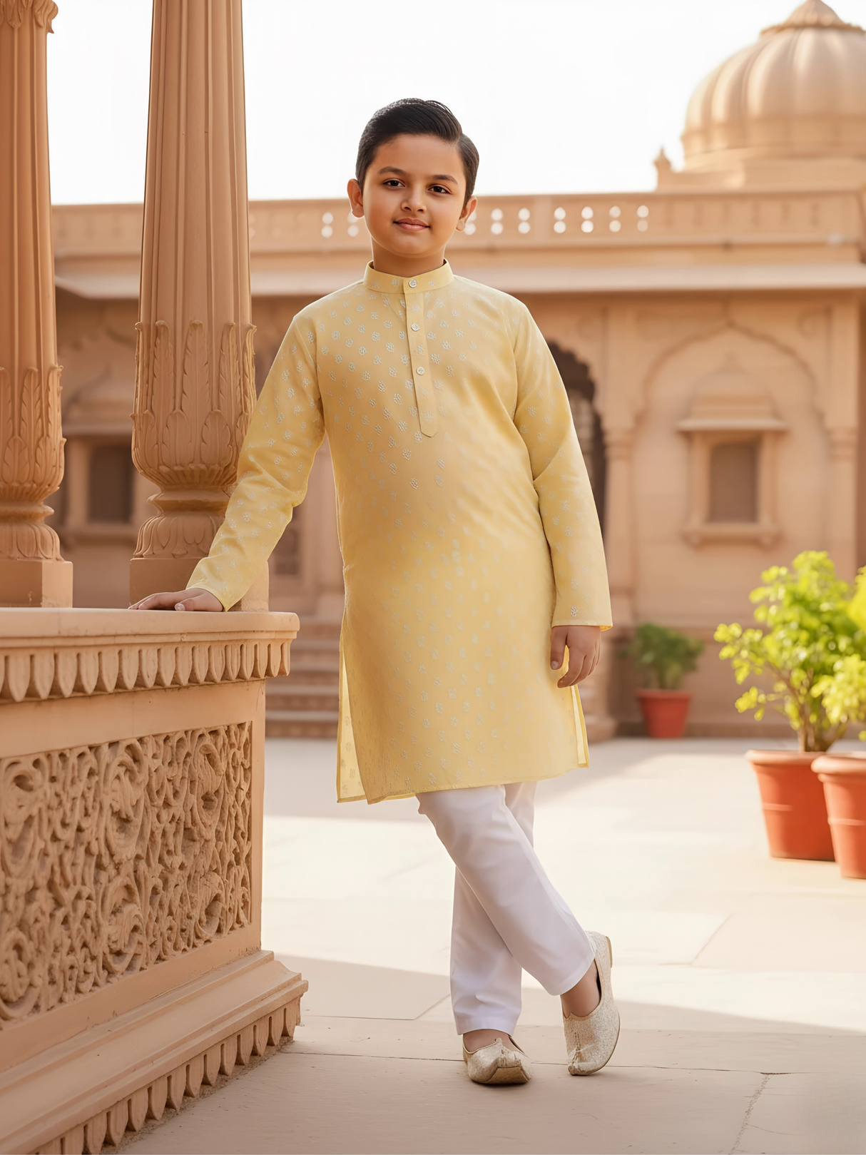 Boys Elegant Pastel Yellow Jacquard Kurta Set