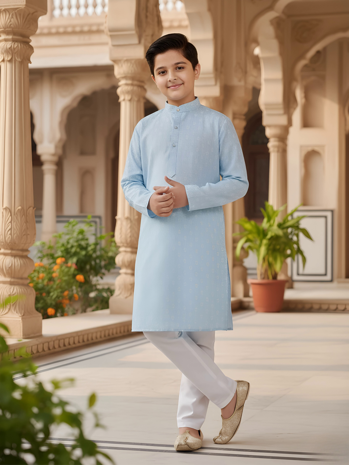Boys Light Blue Printed Kurta with White Pajama Set