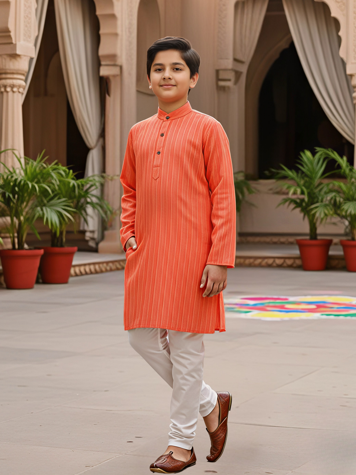 Boys Vibrant Orange Striped Kurta Set with Off-White Pajamas