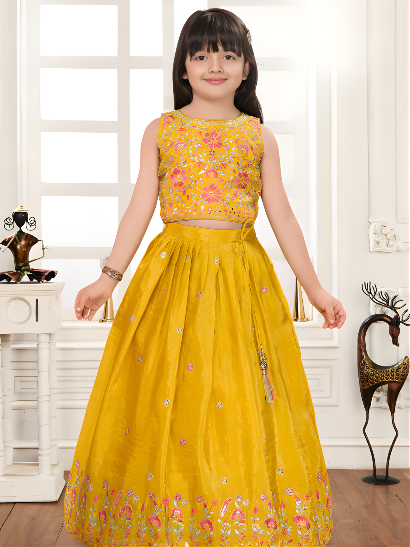 Girls' Vibrant Mustard Yellow Embroidered Lehenga Choli Set.