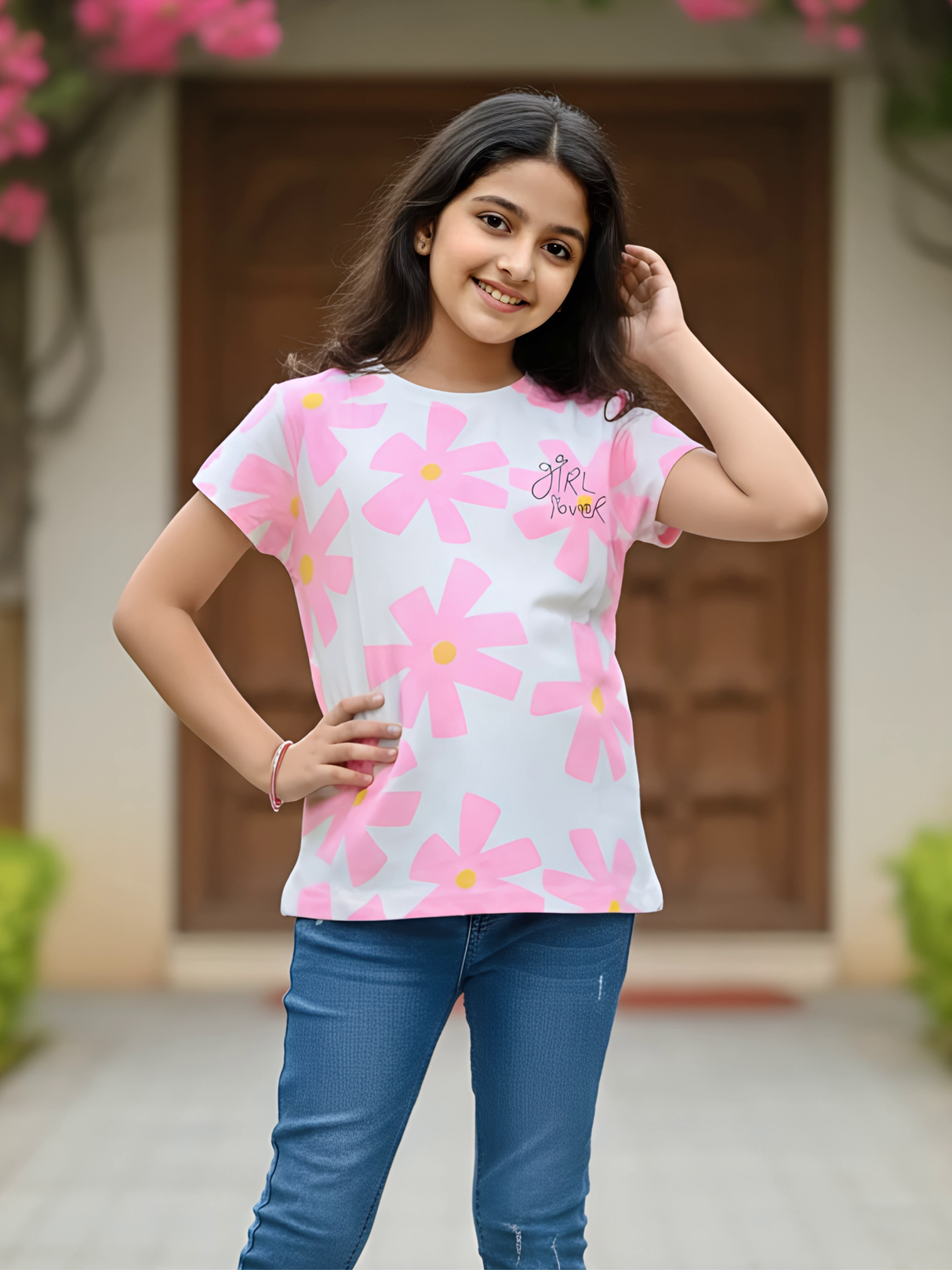 Girls' Pink Floral "Girl Power" Graphic Tops