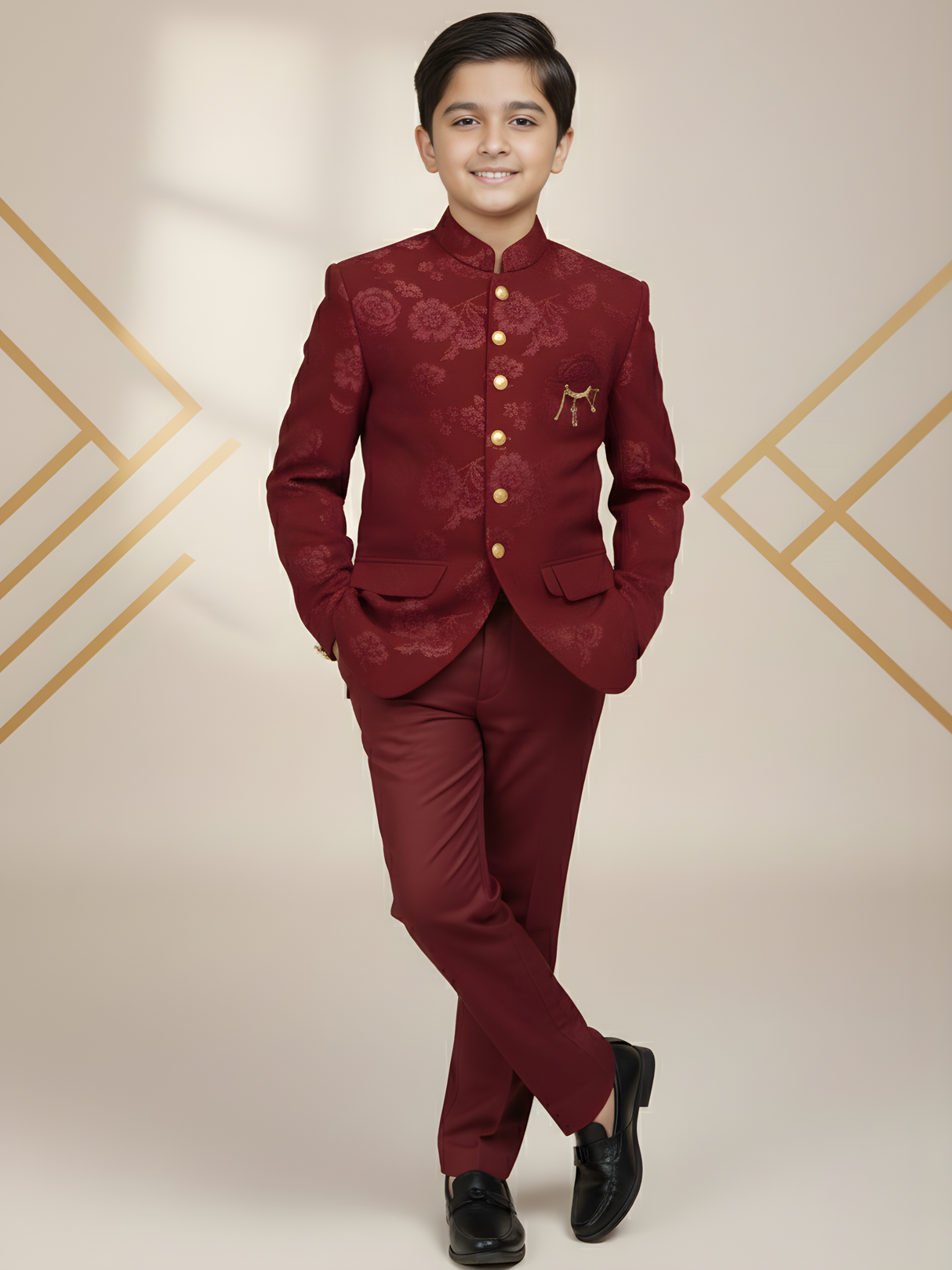 Boys' Luxurious Maroon Wine Floral Brocade Bandhgala Jodhpuri Suit with Gold Accents