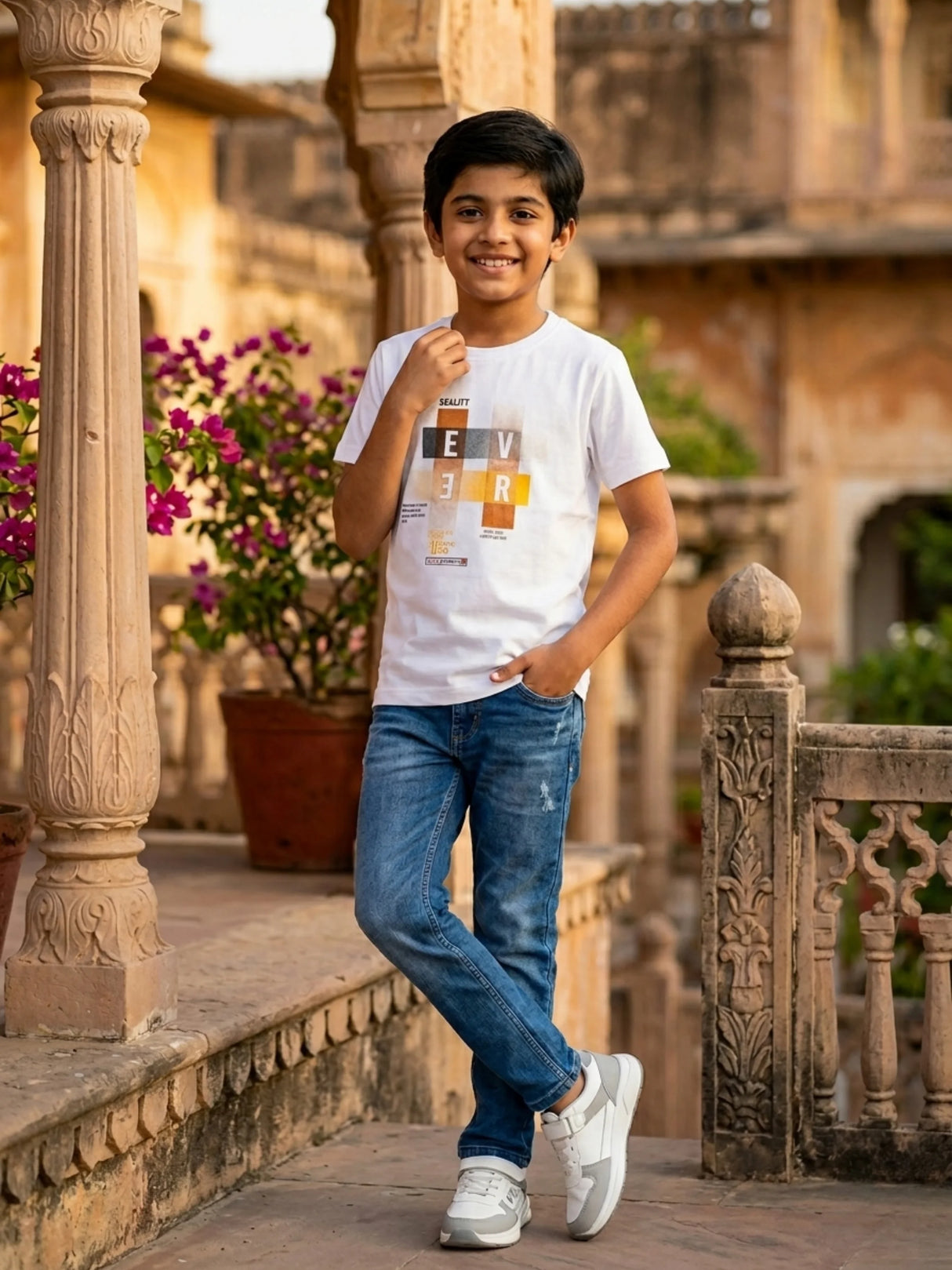 Boys White "EVER" Graphic Cotton T-Shirt