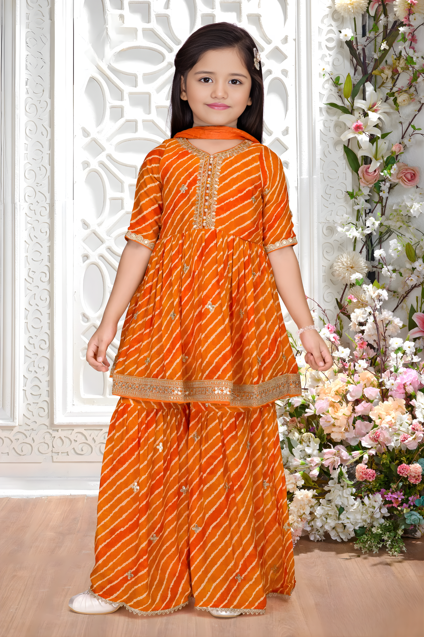 Girls' Orange & Pink Abstract Print Peplum Sharara Set