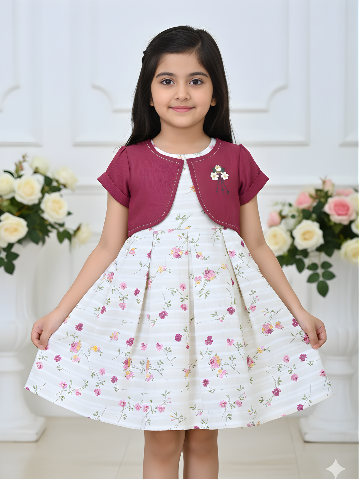 Chic Floral Frock Set with Embroidered Berry Pink Bolero Jacket