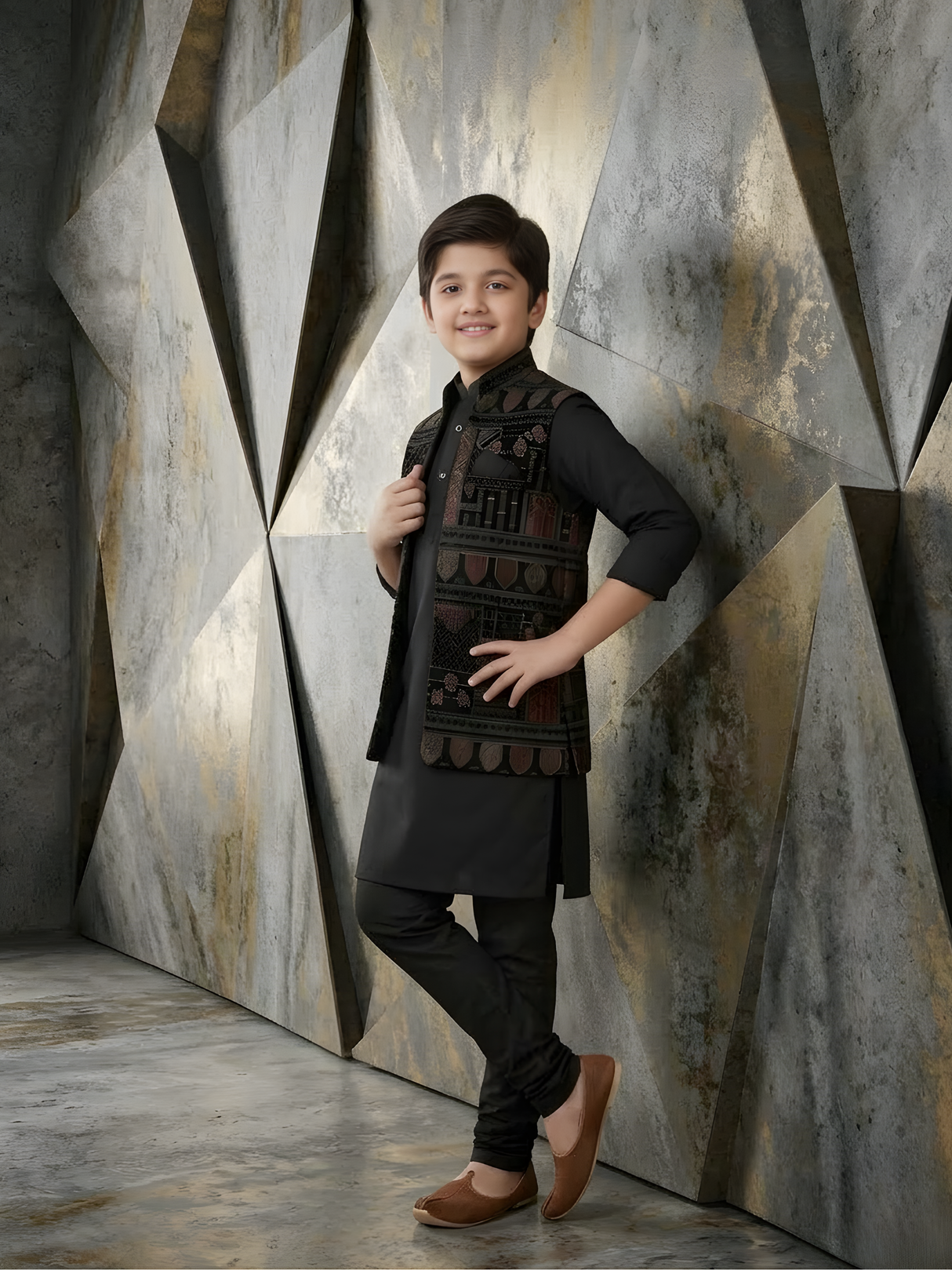 Boys Traditional Printed Chuddidar Kurta with Koti - Black