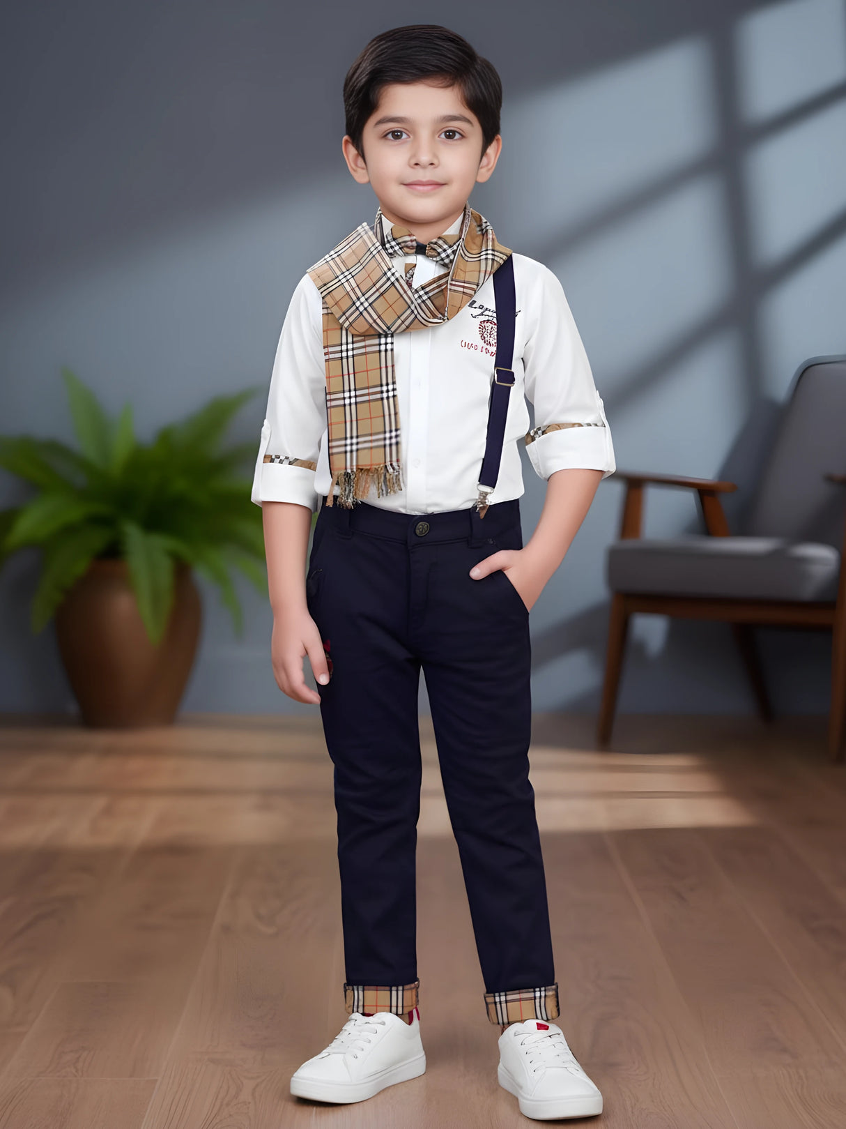 Boys' Elegant White Shirt & Navy Suspender Set with Checkered Scarf
