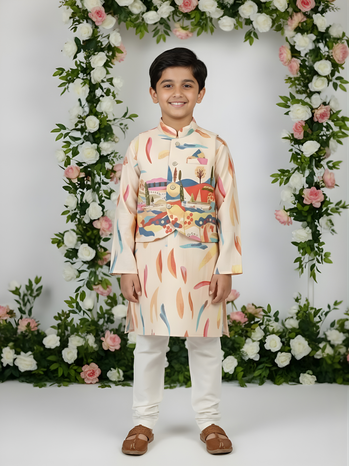 Boys' Cream Kurta Set with Modern Multi-Color Printed Nehru Jacket.