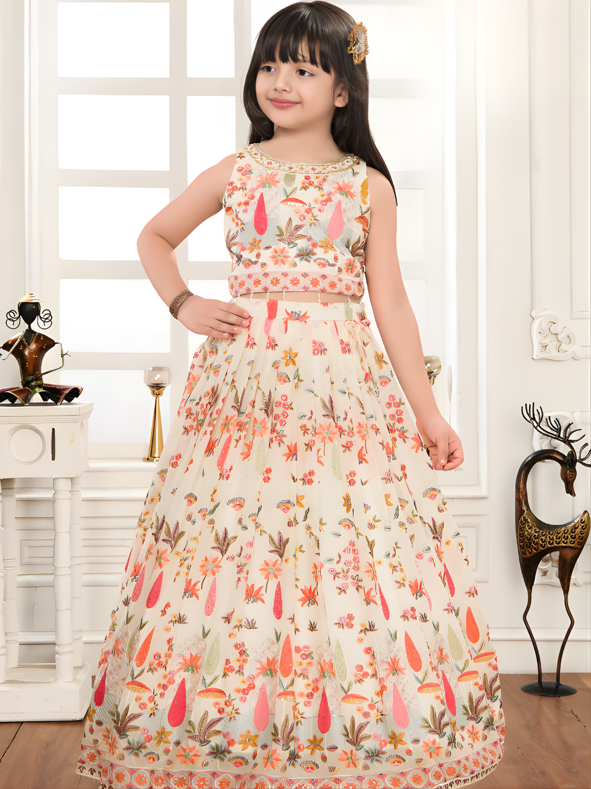 Girls' Floral Embroidered Lehenga Choli Set (Cream/Off-White)