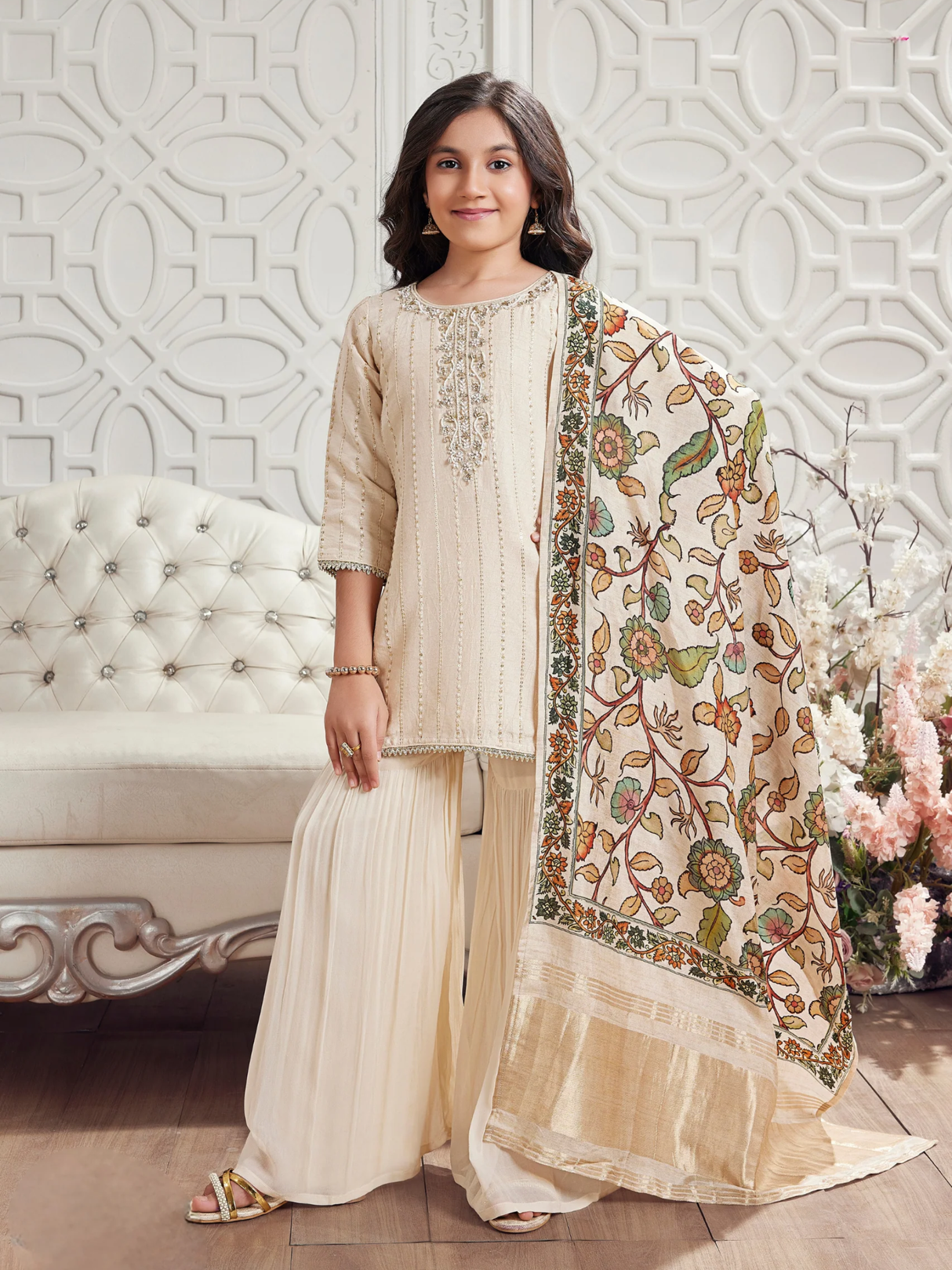 Girls' Premium Cream Gharara Suit with Heavy Sequin Embroidery & Floral Dupatta