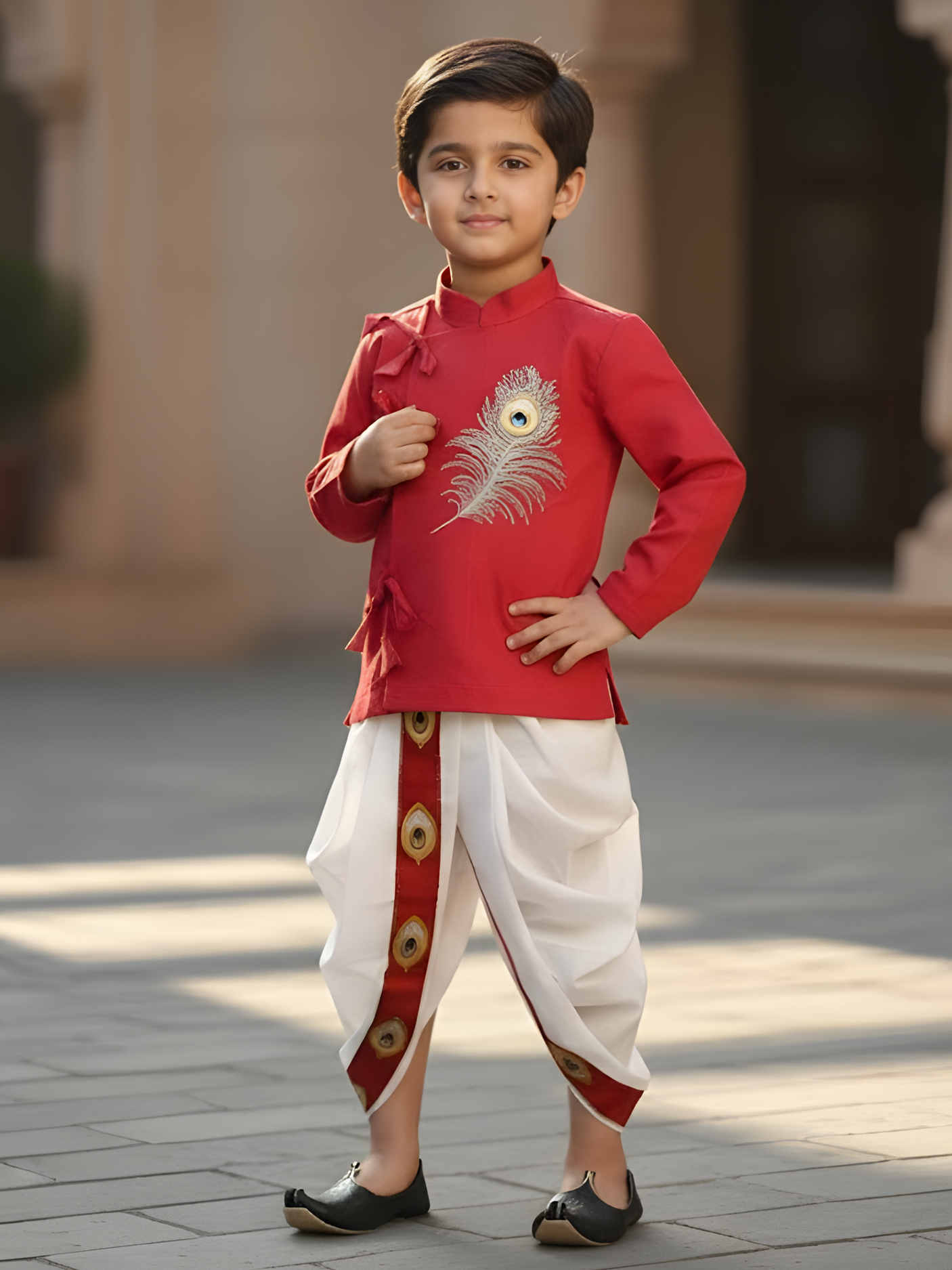 Boys Vibrant Red Angrakha Kurta with Dhoti Set - Peacock Feather Motif