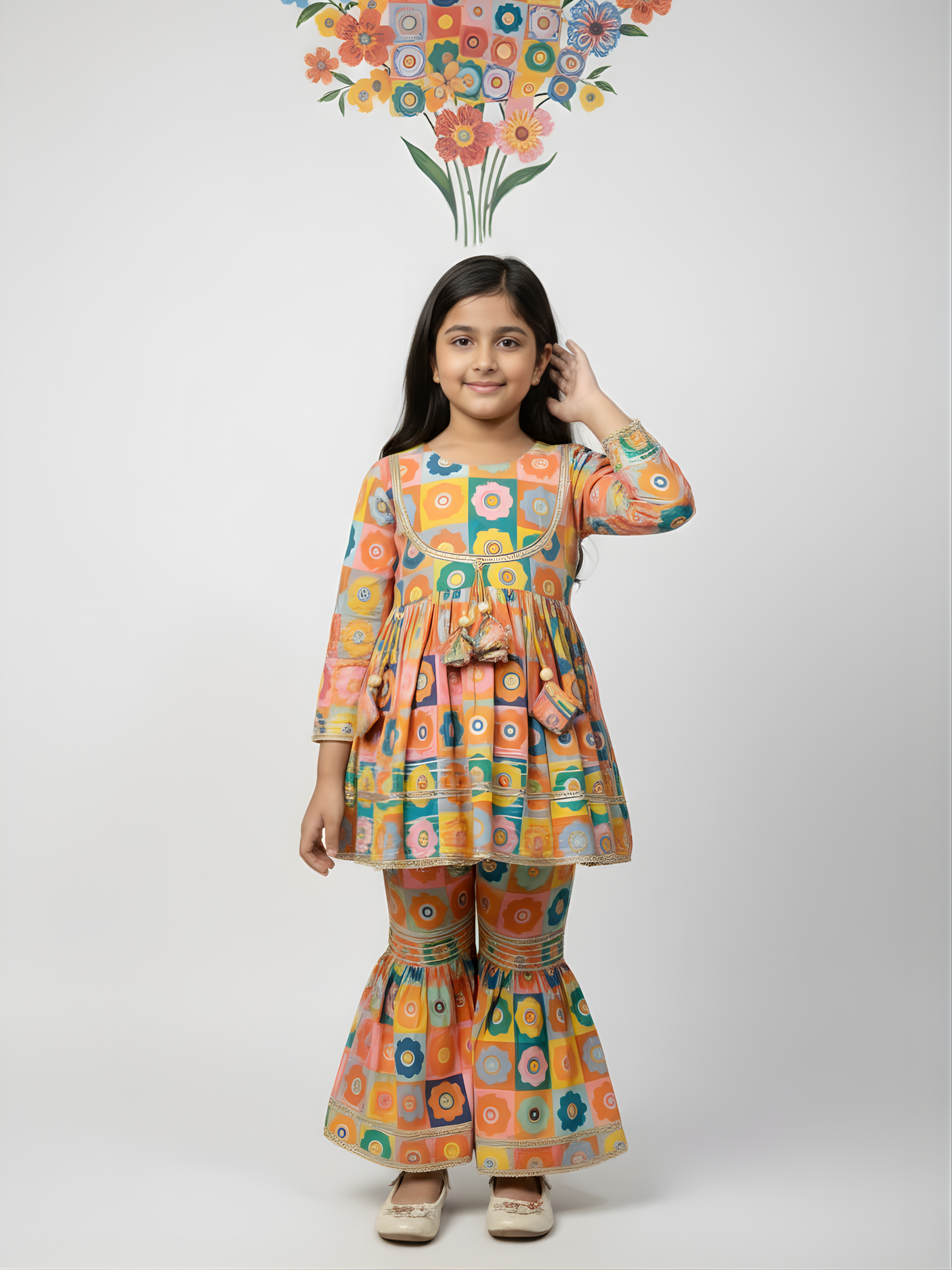 Girls Multi-Color Floral Print Sharara Set