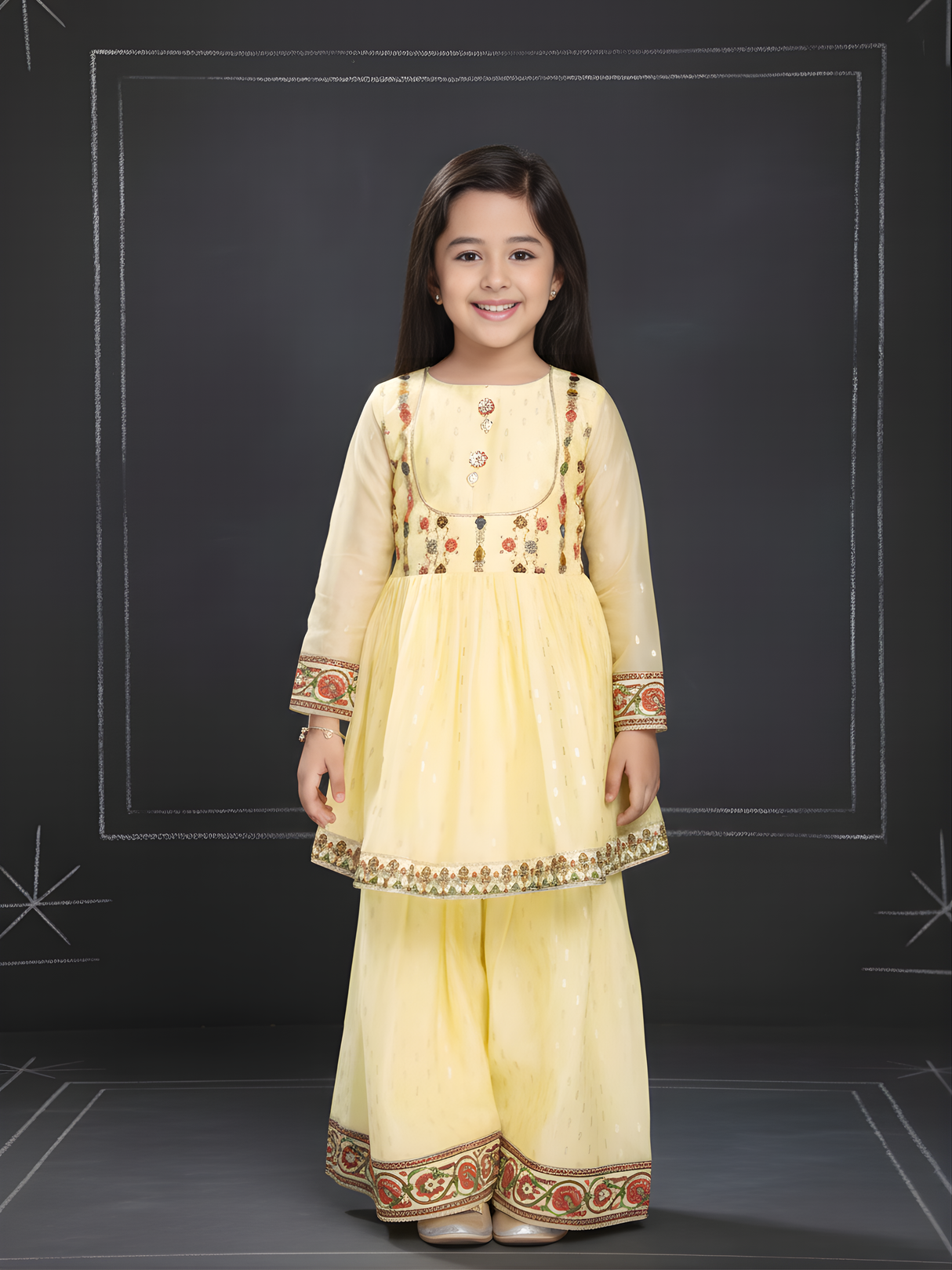 Girls Traditional Full Sleeves Sharara Set - Yellow