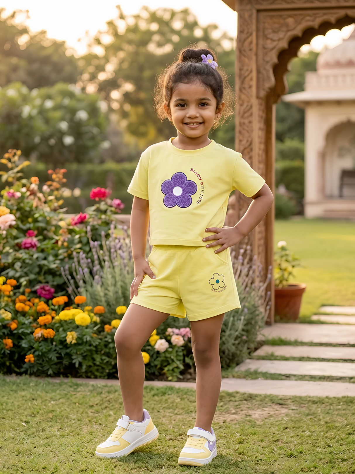 Girls Yellow Floral Print Cotton Co-ord Set