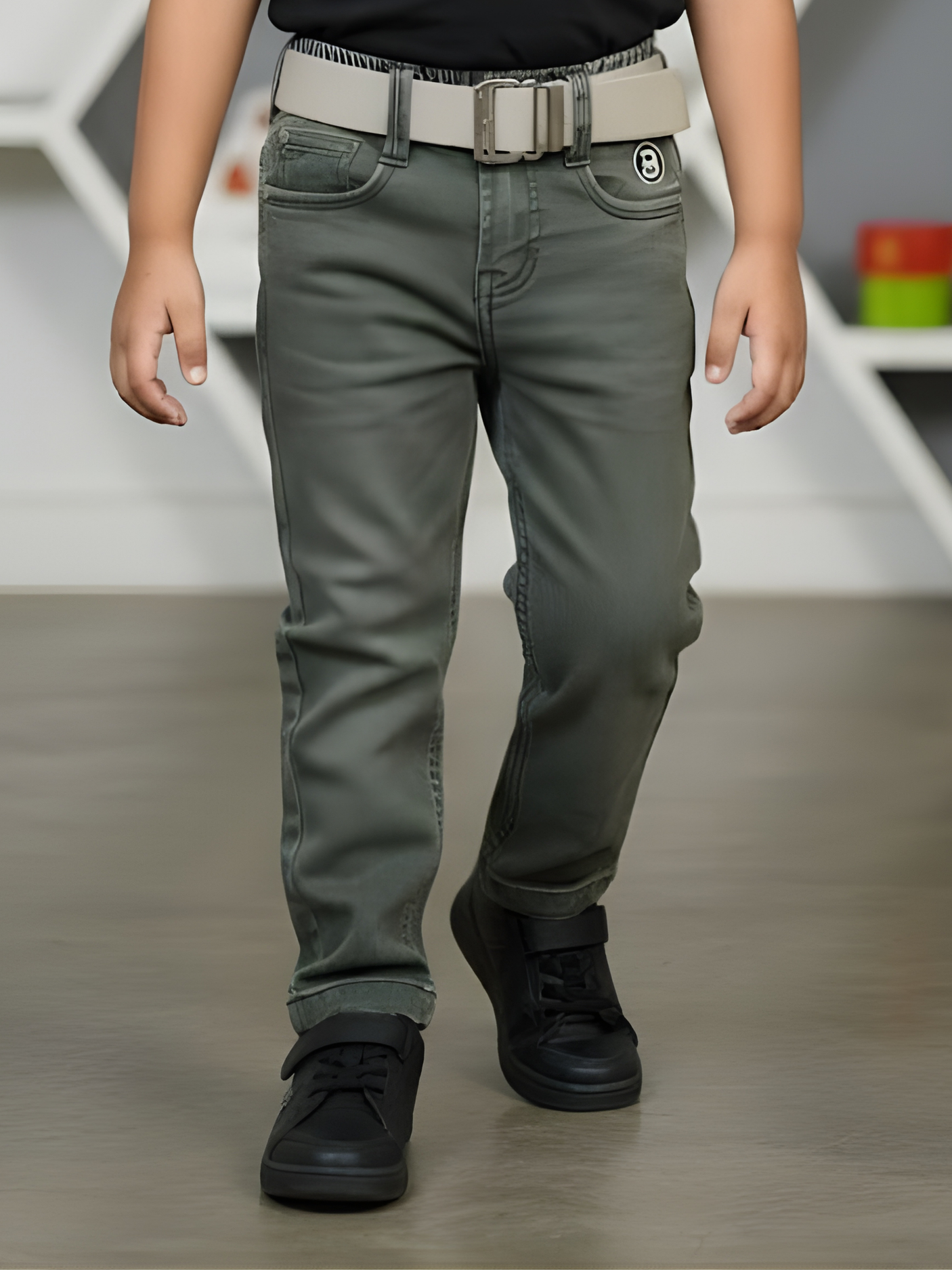 Boys' Stylish Olive Green Jeans with Complimentary Belt