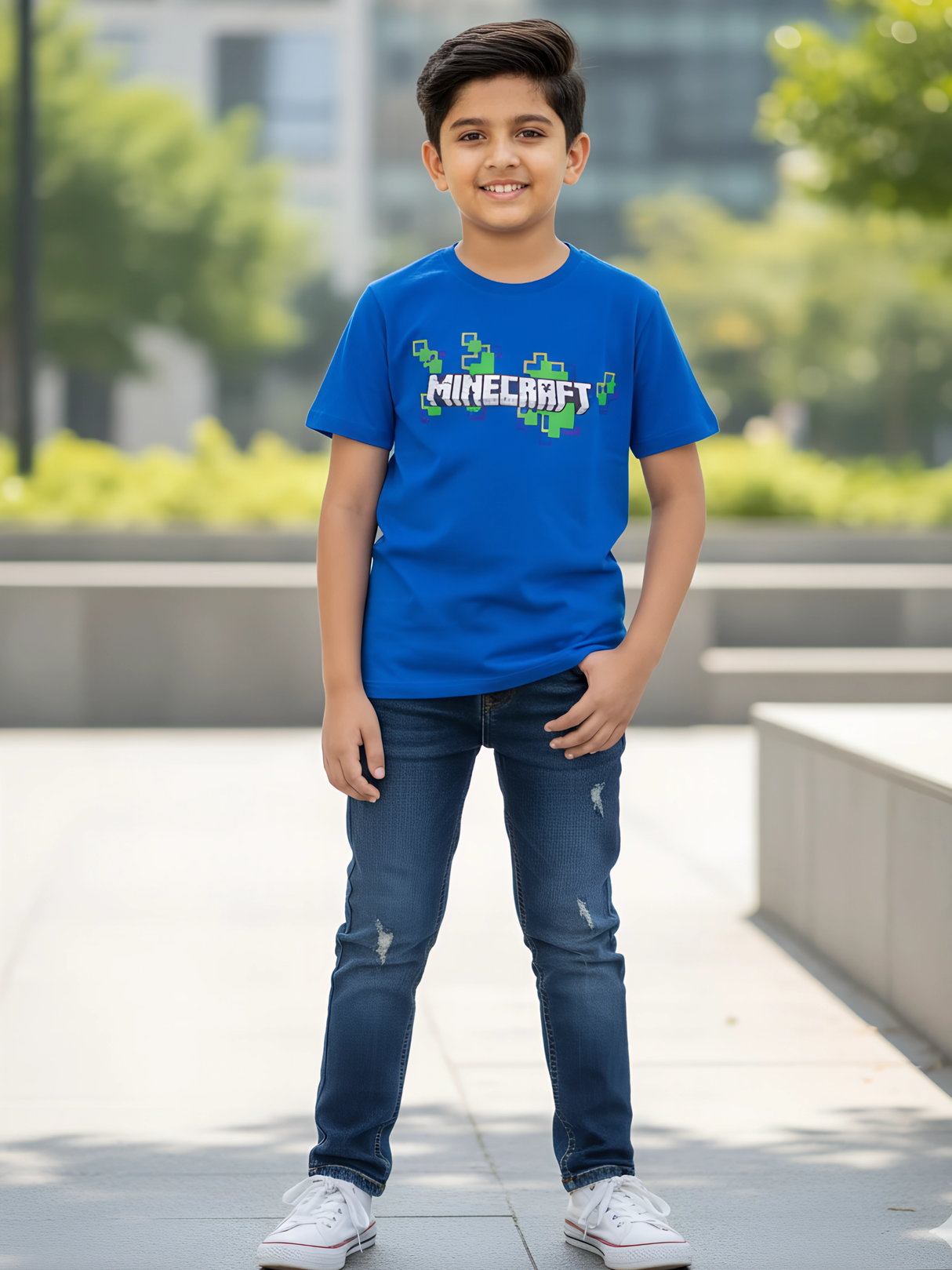 Minecraft Pixelated Logo Kids' Royal Blue T-Shirt.