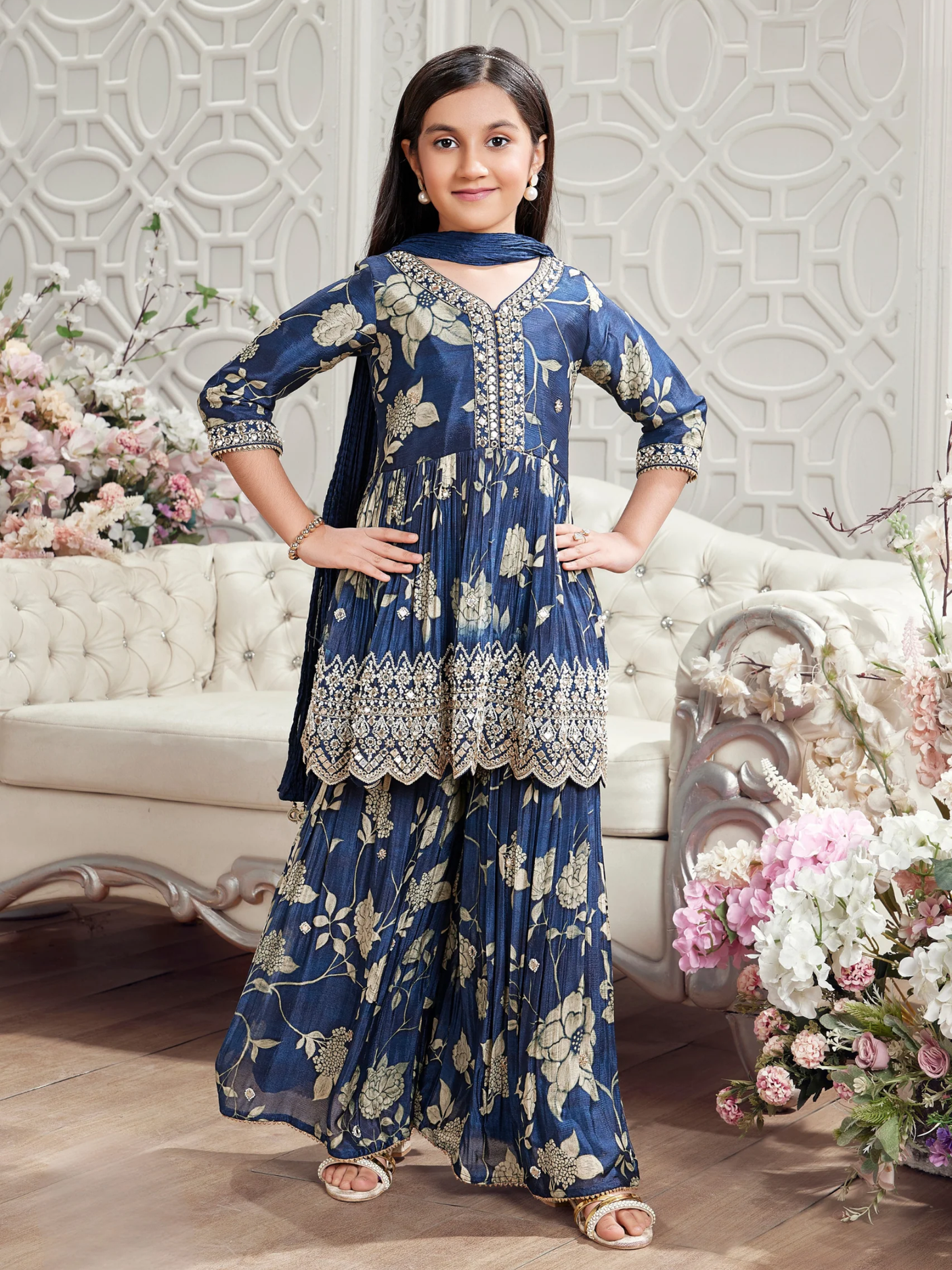 Girls' Elegant Navy Blue & Gold Floral Print Gharara Suit with Embroidery