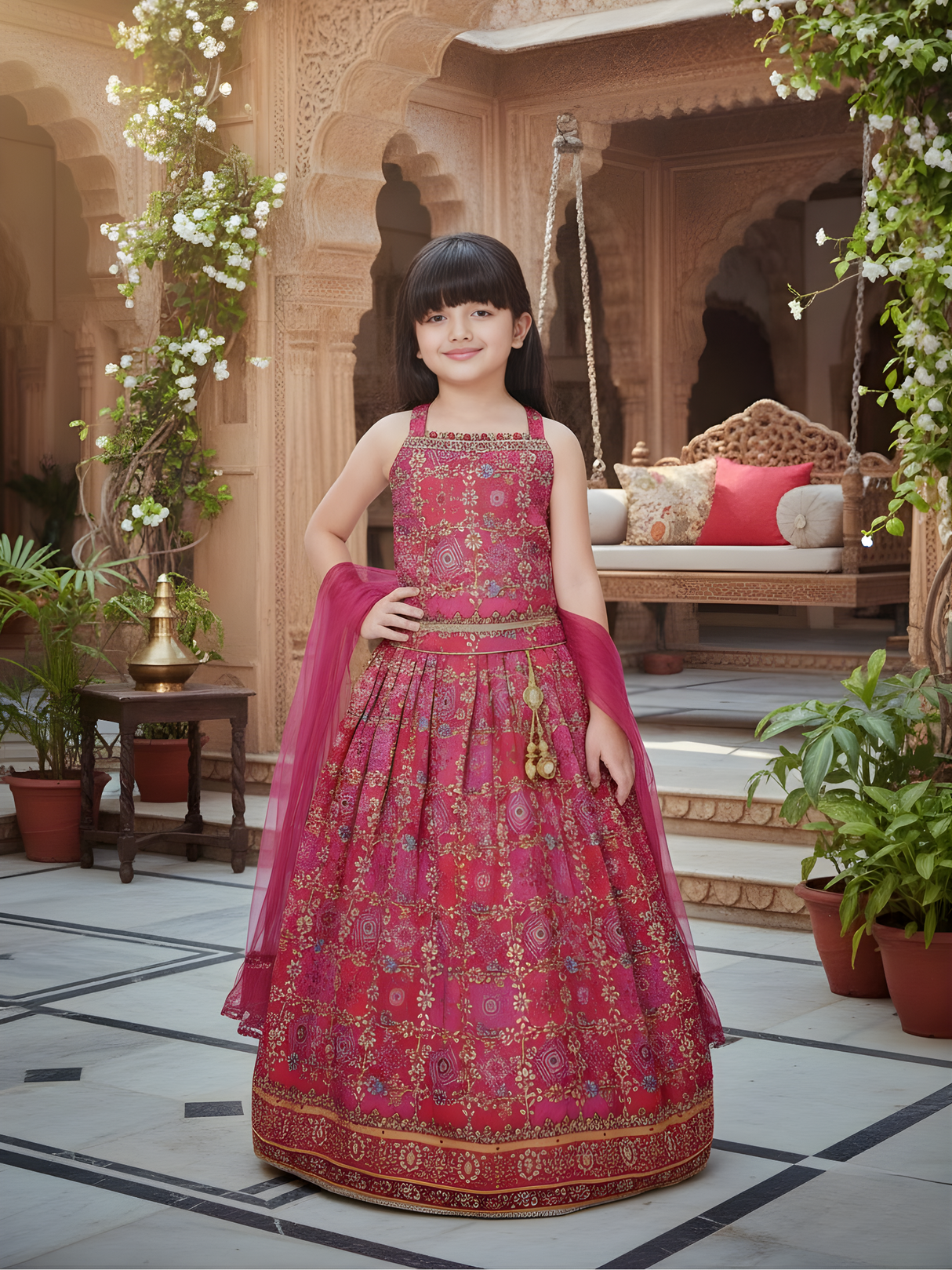Girls Rani Pink Printed Lehenga Choli Set with Dupatta