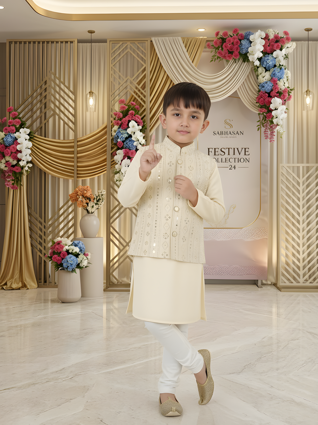 Boys' Cream Kurta Pajama Set with Multi-Color Embroidered Waistcoat