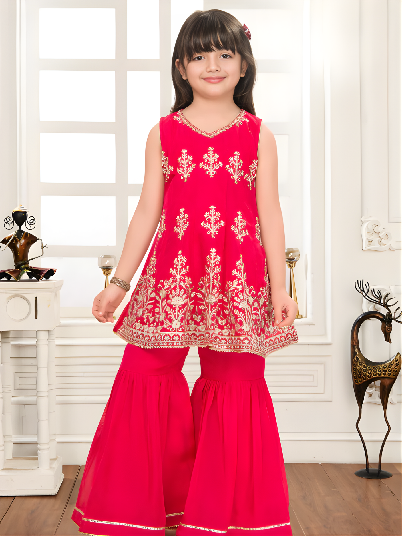 Girls' Rani Pink & Gold Embroidered Peplum Top Sharara Set.
