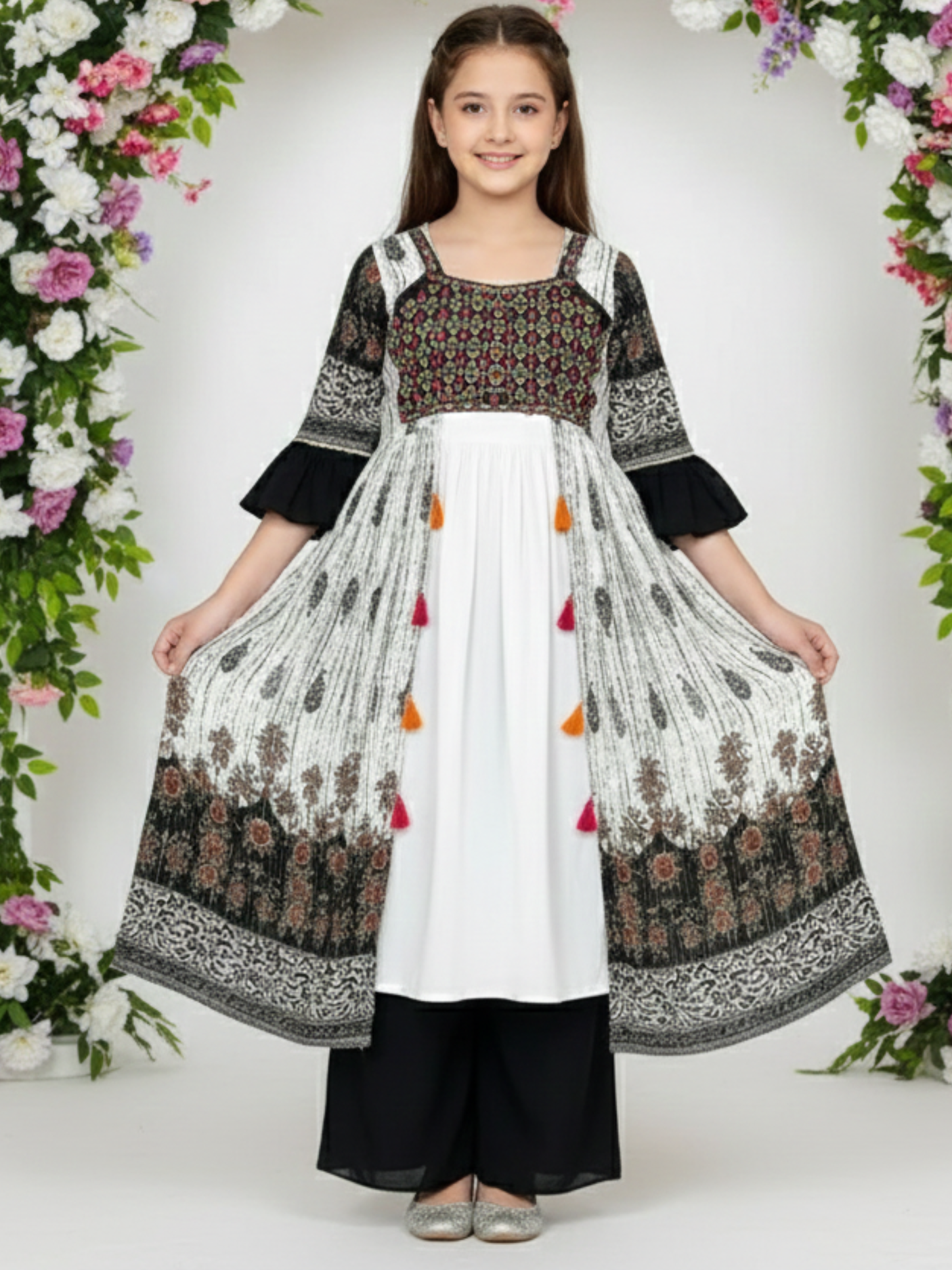 Girls' Black & White Printed Long Jacket, Crop Top and Palazzo Set - Indo-Western