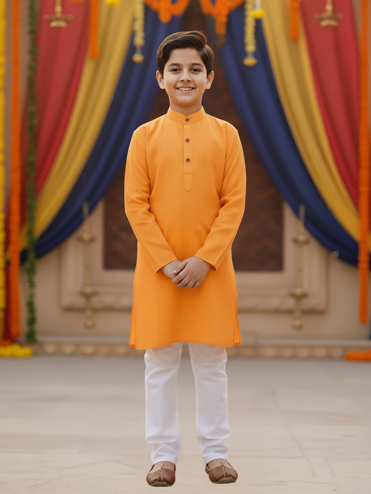 Boys Festive Yellow Kurta with White Pajama Set