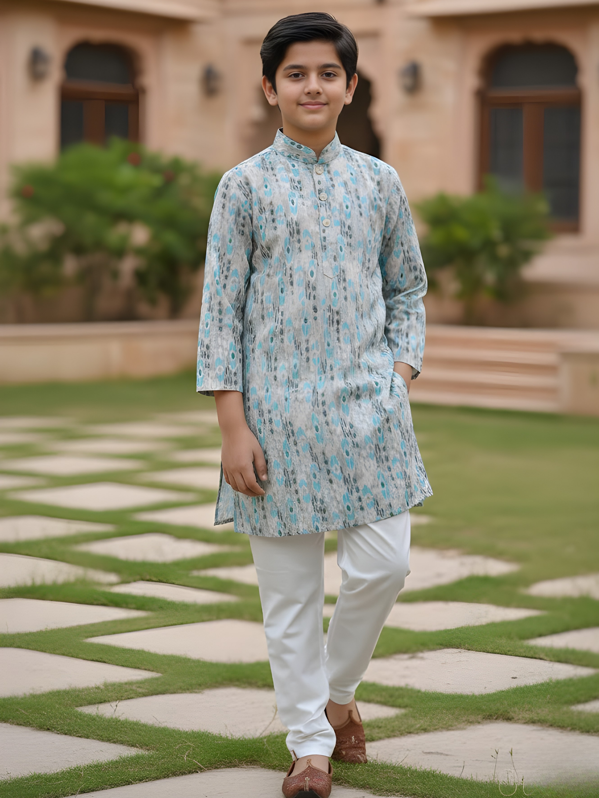 Premium Light Blue Geometric Pattern Kurta with White Pajama